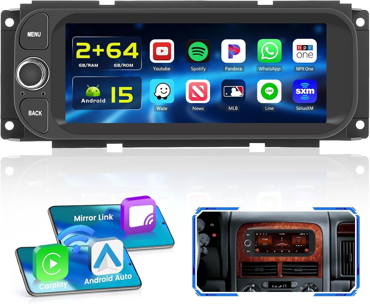 Android 15 2+64GB Car Radio for Chrysler Jeep Wrangler Liberty Grand Cherokee Dodge RAM 1500/2500/3500 Pickup Caravan Dakota Chrysler PT Cruiser Carplay Android Auto Bluetooth WiFi GPS Backup Camera
