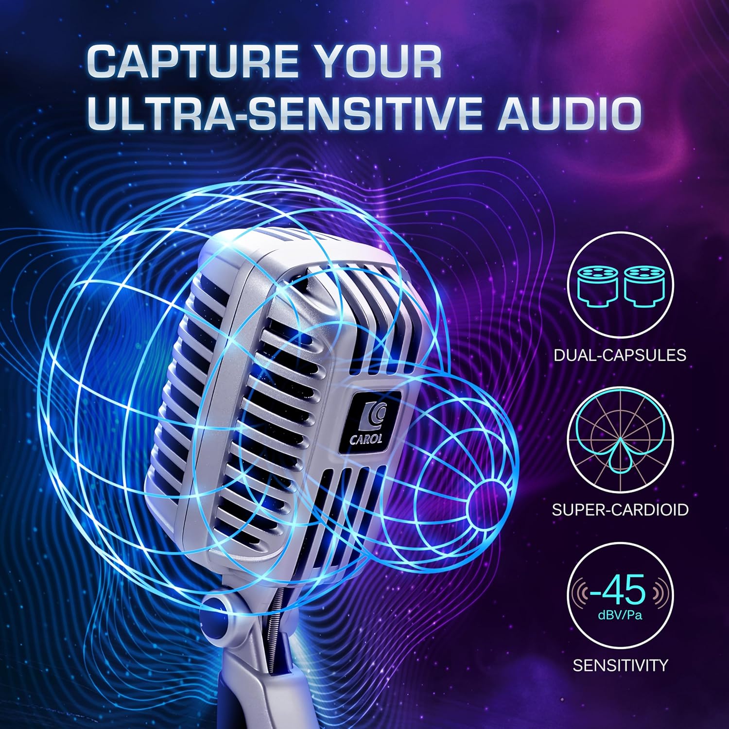 CAROL CLM-101 Professional Vintage Wired Microphone – Dynamic Supercardioid with Dual Microphone-Capsules for Singing, Karaoke, and Stage, Includes Mic, Storage Bag & Switch(Cable Not Included) -Black