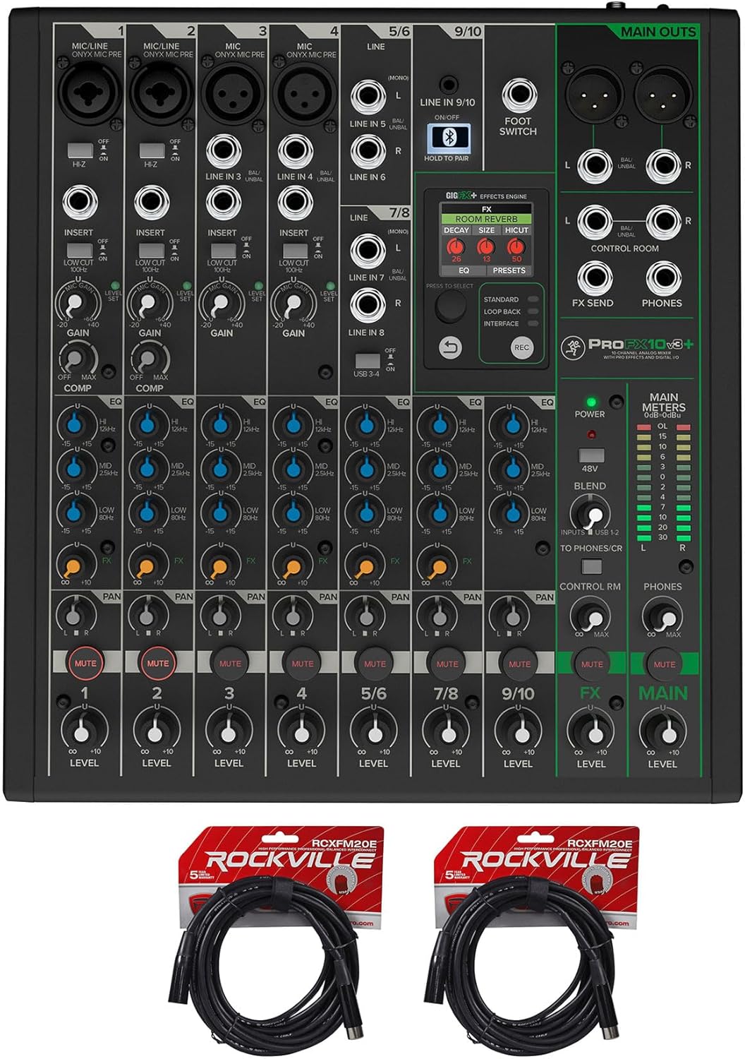 Audiosavings Bundle: (1) Mackie ProFX10v3+ 10-Channel Analog Mixer w/Enhanced FX/USB Recording/Bluetooth Bundle With (2) Rockville RCXFM20E-B 20 Foot Female to Male XLR Mic Cable Black 100% Copper