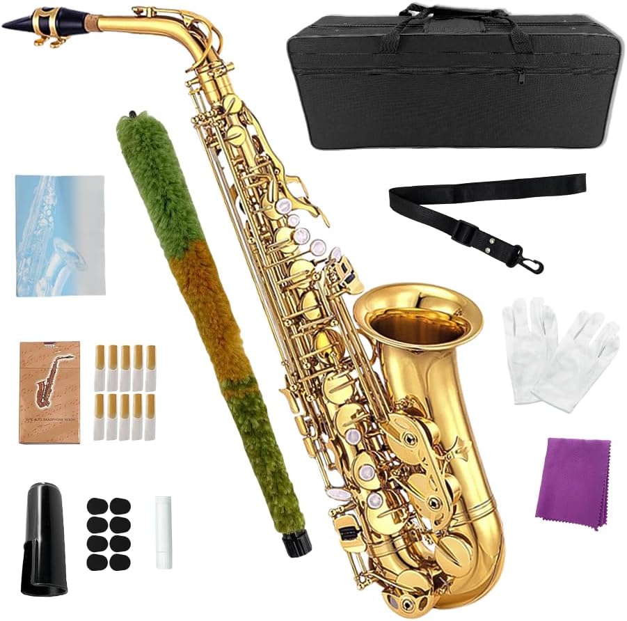 Alto Saxophone, Eb Flat Sax Complete Kit with Case & Accessories for Student, Adult & Beginner (Alto Saxophone Set with Mouthpiece, Reeds, Gloves, Cloth & Brush)-Golden