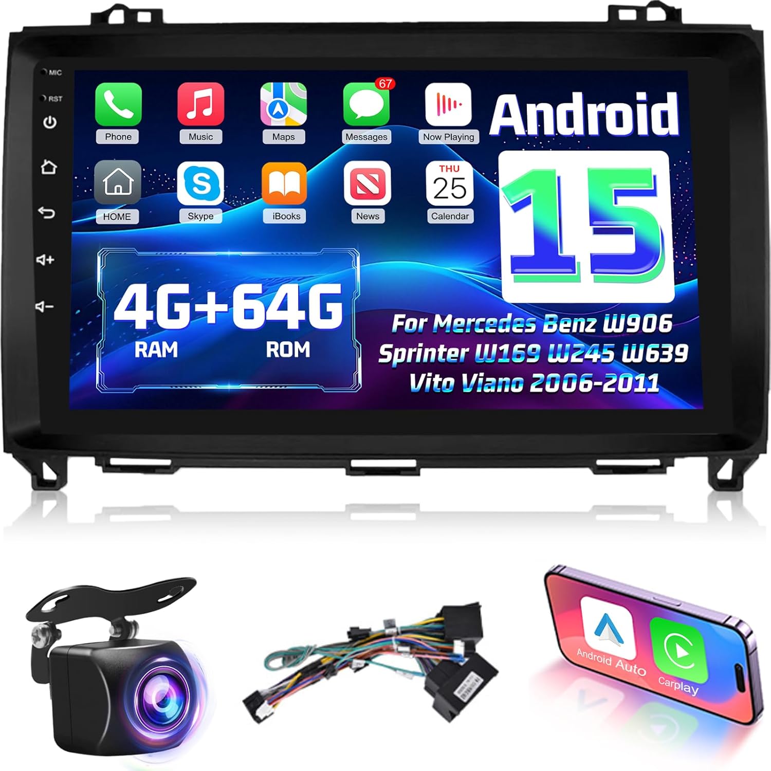 4G+64G 8 Core Android 15 Car Stereo for Mercedes Benz W906 Sprinter W169 W245 W639 with Carplay & Android Auto - 9 Inch 1280 * 720P Touchscreen Radio with DSP/5G WiFi/GPS/Backup Camera