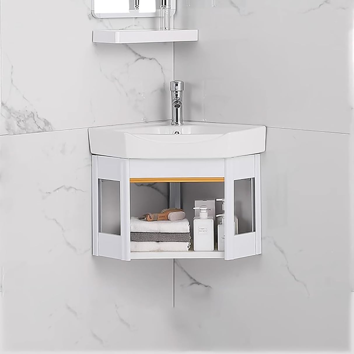 Small Corner Bathroom Vanity Cabinet,With Corner Mirror Cabinet,Corner Wall Mount Bathroom Sink,for Small Space Wall Mounted Cabinet Set Design,with Faucet Hole. ( Size : Low configuration , Color : D