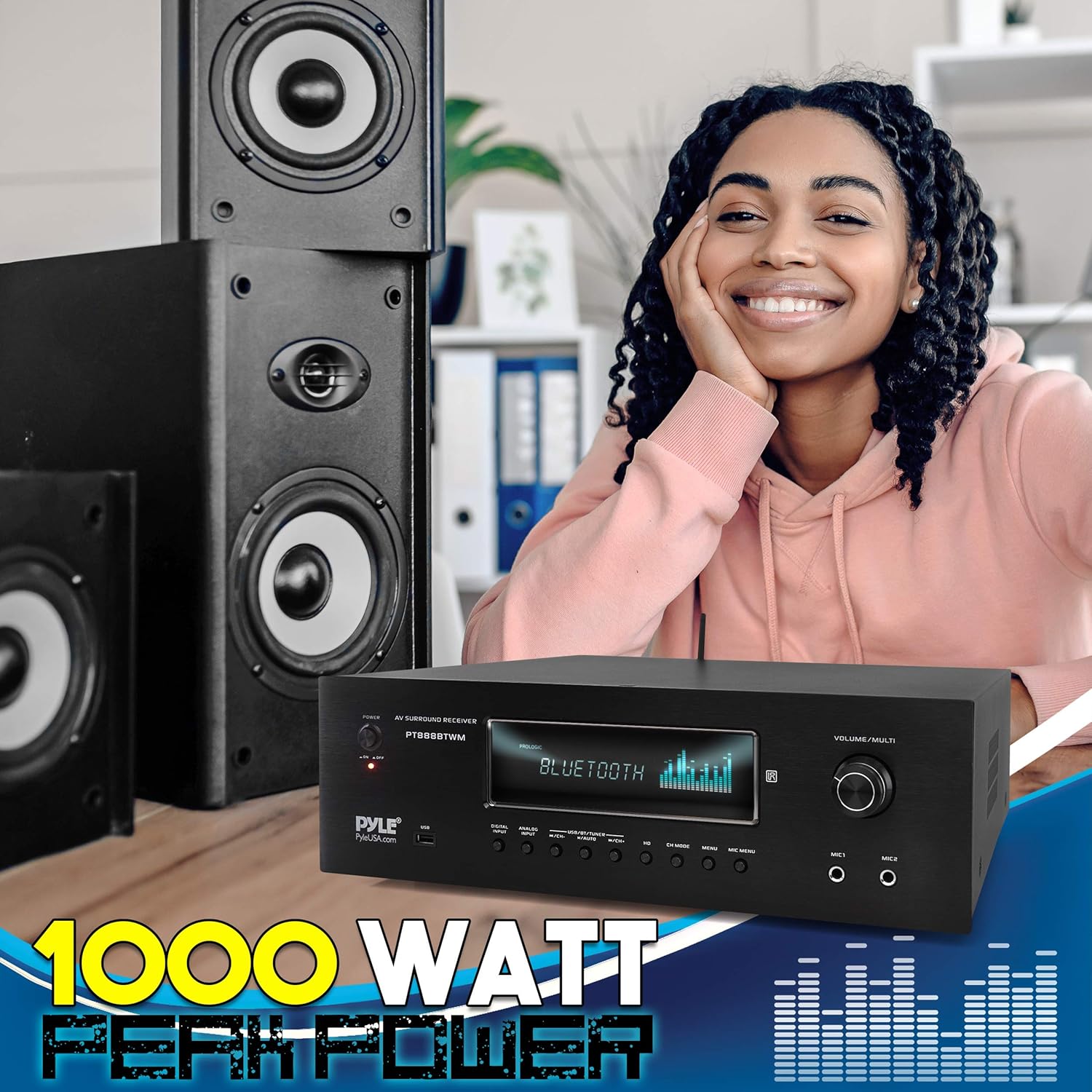 Pyle 1000W Bluetooth Home Theater Karaoke Receiver - 5.2-Ch Stereo Amplifier 2 UHF Wireless Microphone Video Pass-Through Supports, MP3/USB/HDMI/AM/FM Radio - Pyle PT888BTWM.5