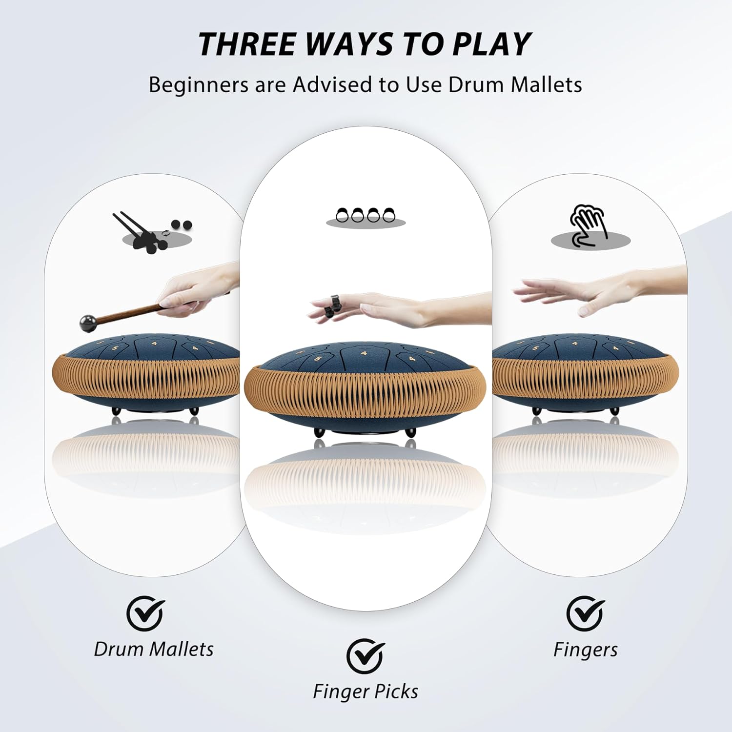 Steel Tongue Drum, 13 Inch 15 Notes Tongue Drums, C Major Drum Percussion Instruments, Handpan Drums with Music Book, Drum Mallets and Carry Bag (Navy Blue)