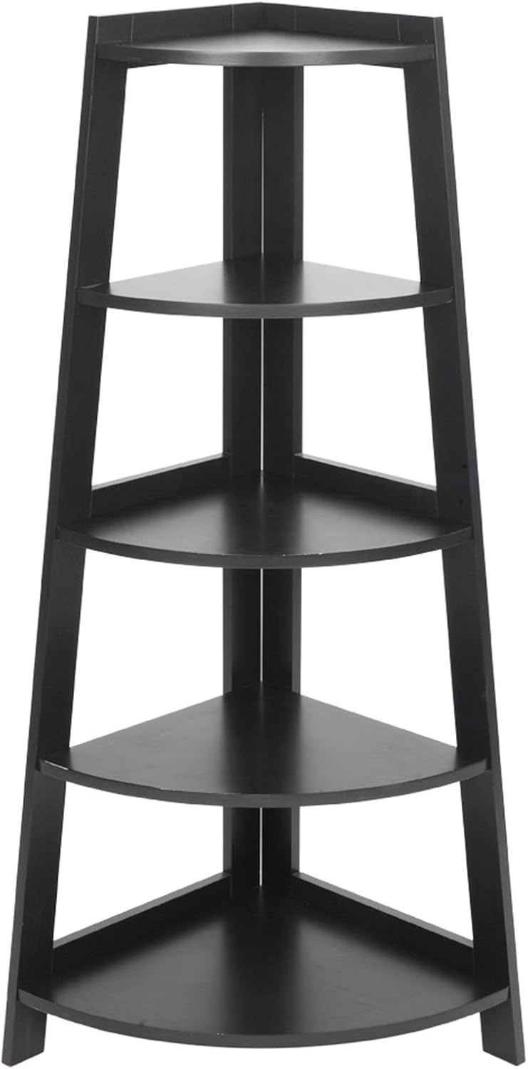 5 Tier Black Corner Shelf Stand, Wood Corner Bookshelf Rack, Indoor Plants Shelves, Organization and Storage Small Shelves for Bedroom, Living Room, Kitchen, Office