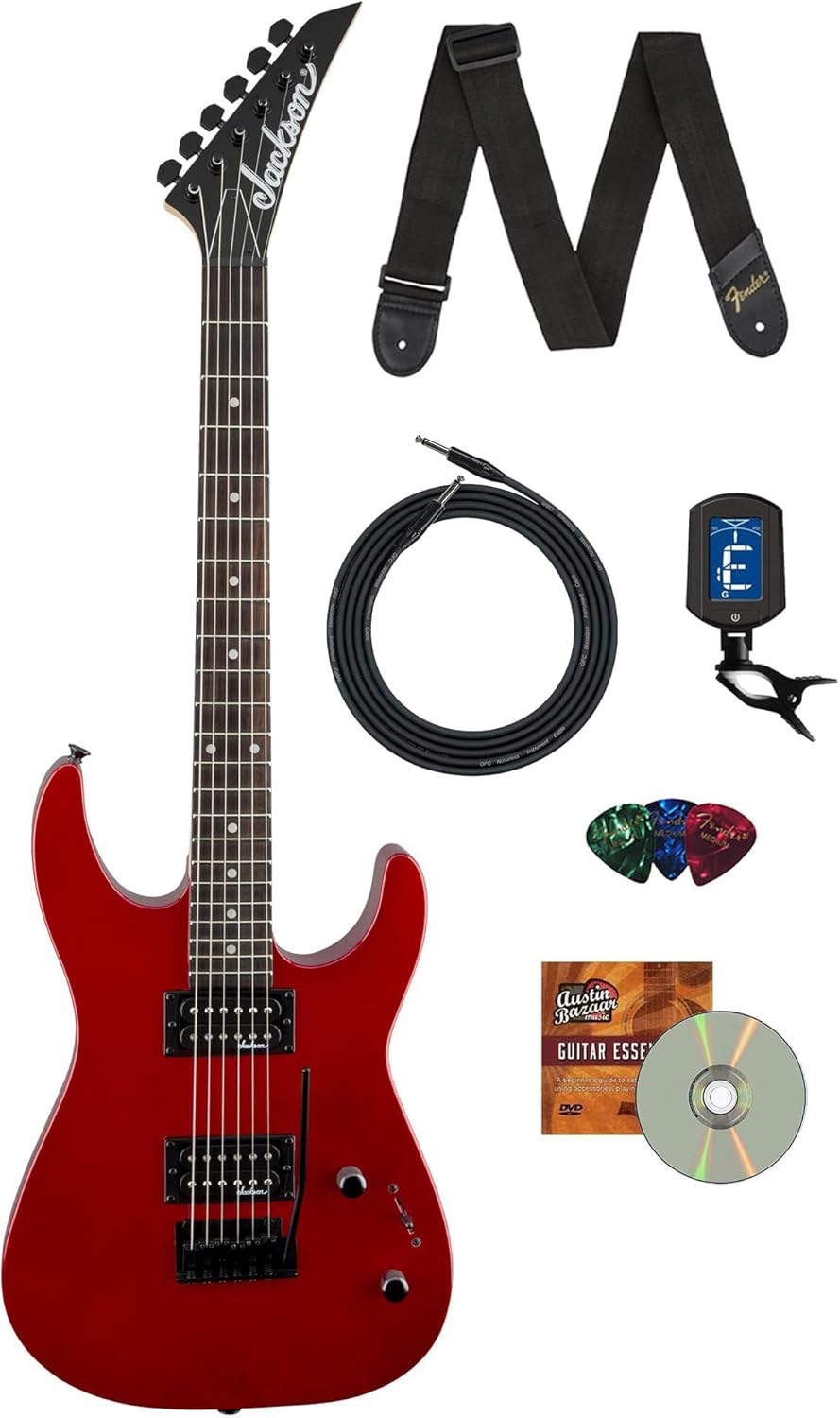 Jackson Dinky JS11 Electric Guitar - Metallic Red Bundle with Cable, Tuner, Strap, Picks, and Austin Bazaar Instructional DVD