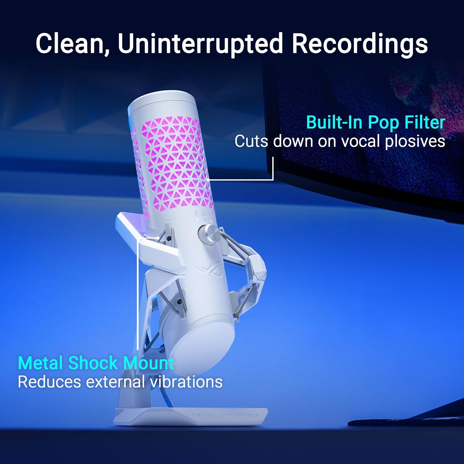 ASUS ROG Carnyx USB Gaming Microphone (25mm Condenser Capsule, 192kHz/24-bit, Cardioid, high-Pass Filter, Built-in pop Filter, Metal Shock Mount, one-Touch Mute, Aura Sync RGB)- Moonlight White