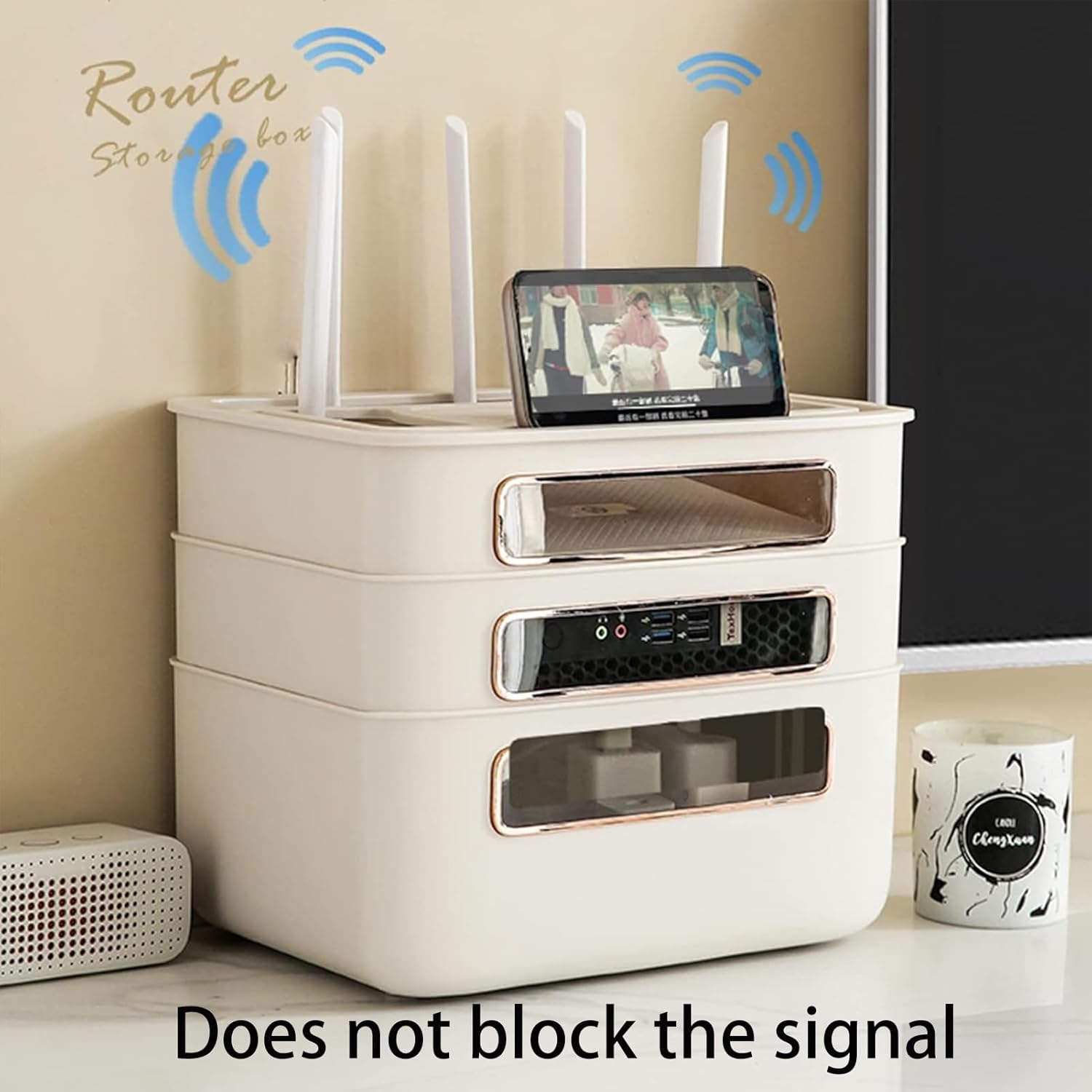 WiFi Router Storage Box, Router Hider Box, Multi-Layer Desktop Cable Storage Box, Router Decorative Box Wall Mount, PP Cable Power Socket Organizer Box Shelf(White,13.8cm/5.4in)