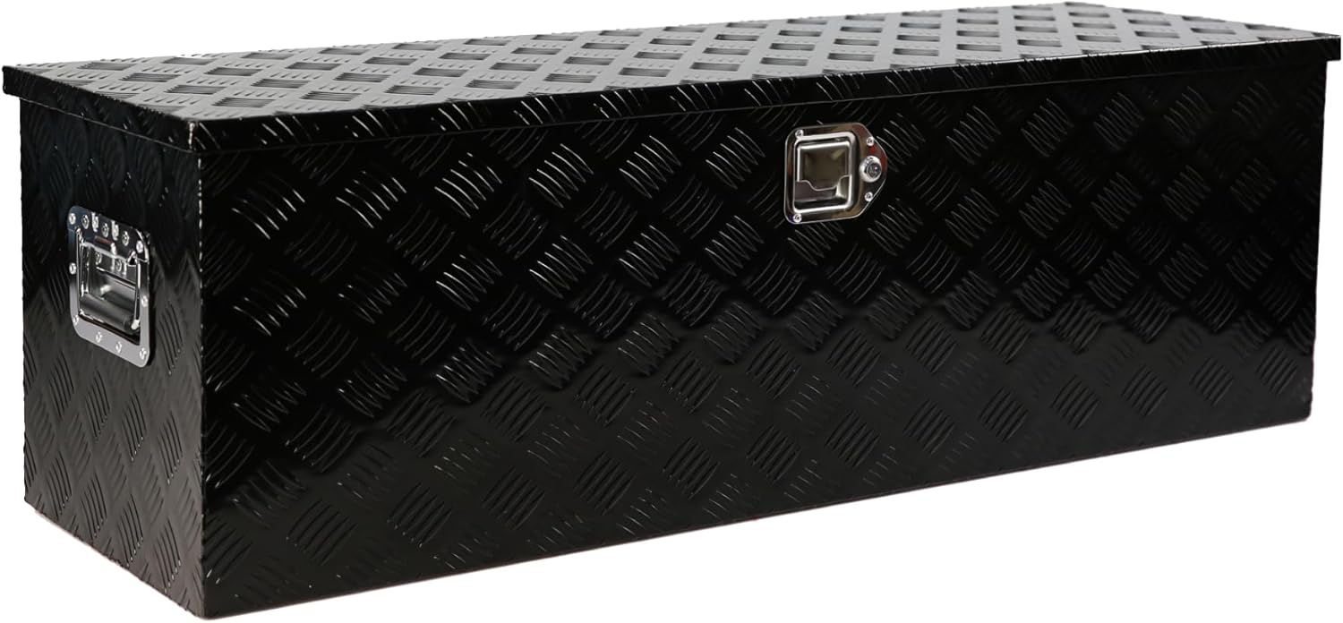 48 Inch Heavy Duty Aluminum Truck Bed Tool Box, 5 Bar Tread Stripes Plate Tool Box with Side Handle Lock Keys, Waterproof Storage Box Underbody Organizer for Pickup, Truck Bed, RV, Trailer