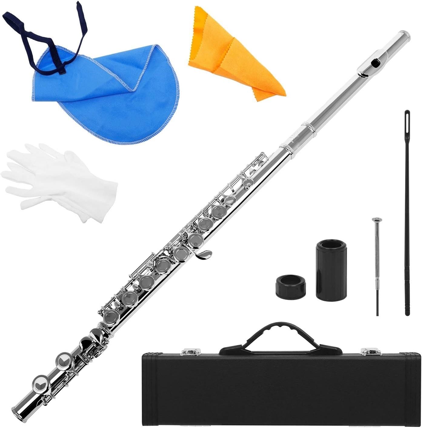 Flutes Flute Cupronickel Plated Silver 16 Holes C Key Woodwind Instrument with Gloves (Color : Silver)