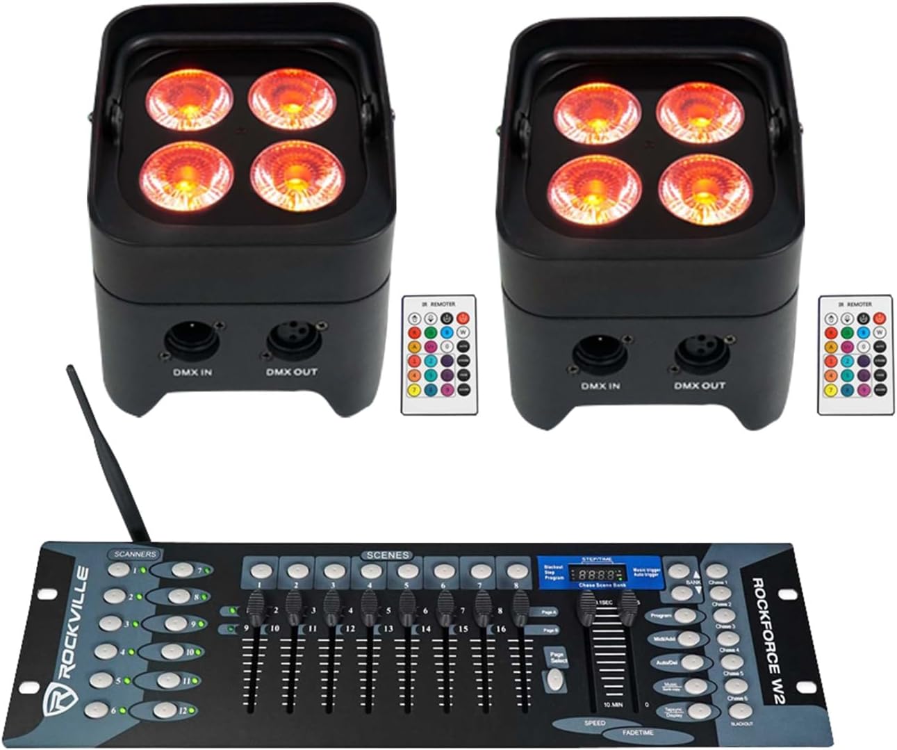 Rockville Best PAR 50 Bundle: (2) Rechargeable Par Can Wash Lights w/Wireless DMX, RGBWA+UV, ROCKFORCE W2 192-Channel 10W Wireless 2.4GHz DMX Lighting Controller, 3-Items