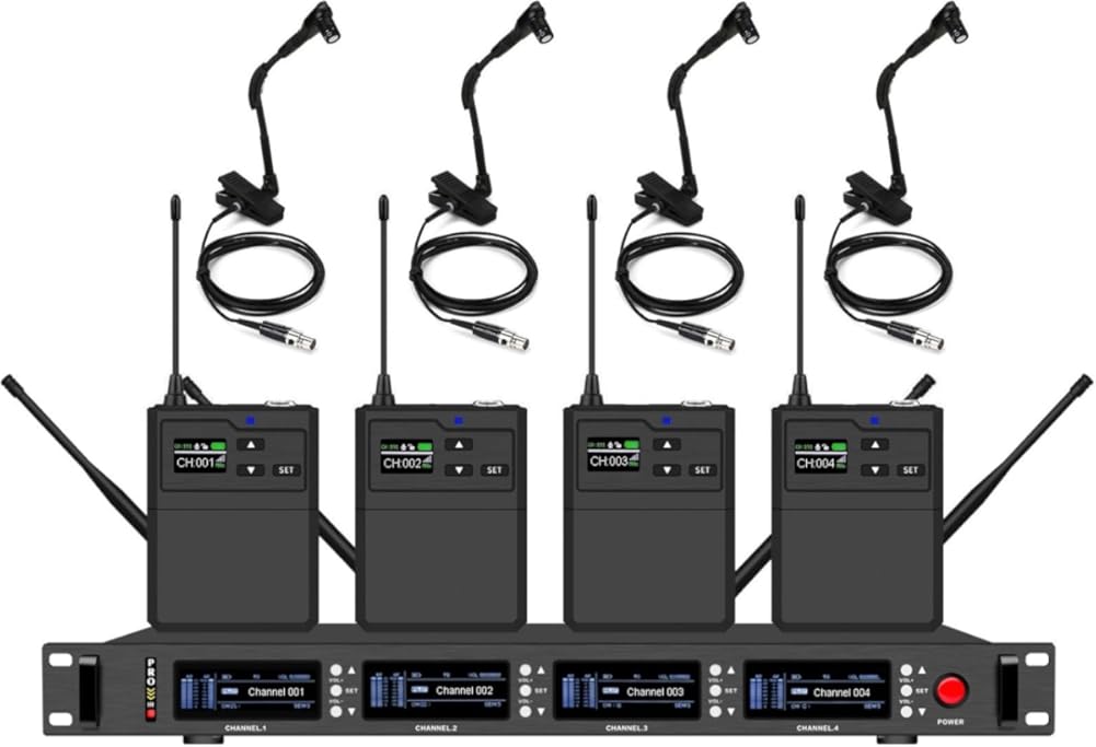 Generic 4 Channels UHF Saxophone Trumpet Wireless Wind Instrument Microphone System with 4 WB98H/C - Instrument Microphone Clip-on Condenser, 4 Beltpack Transmitter, Long Range 490ft, Black, 6400/B98