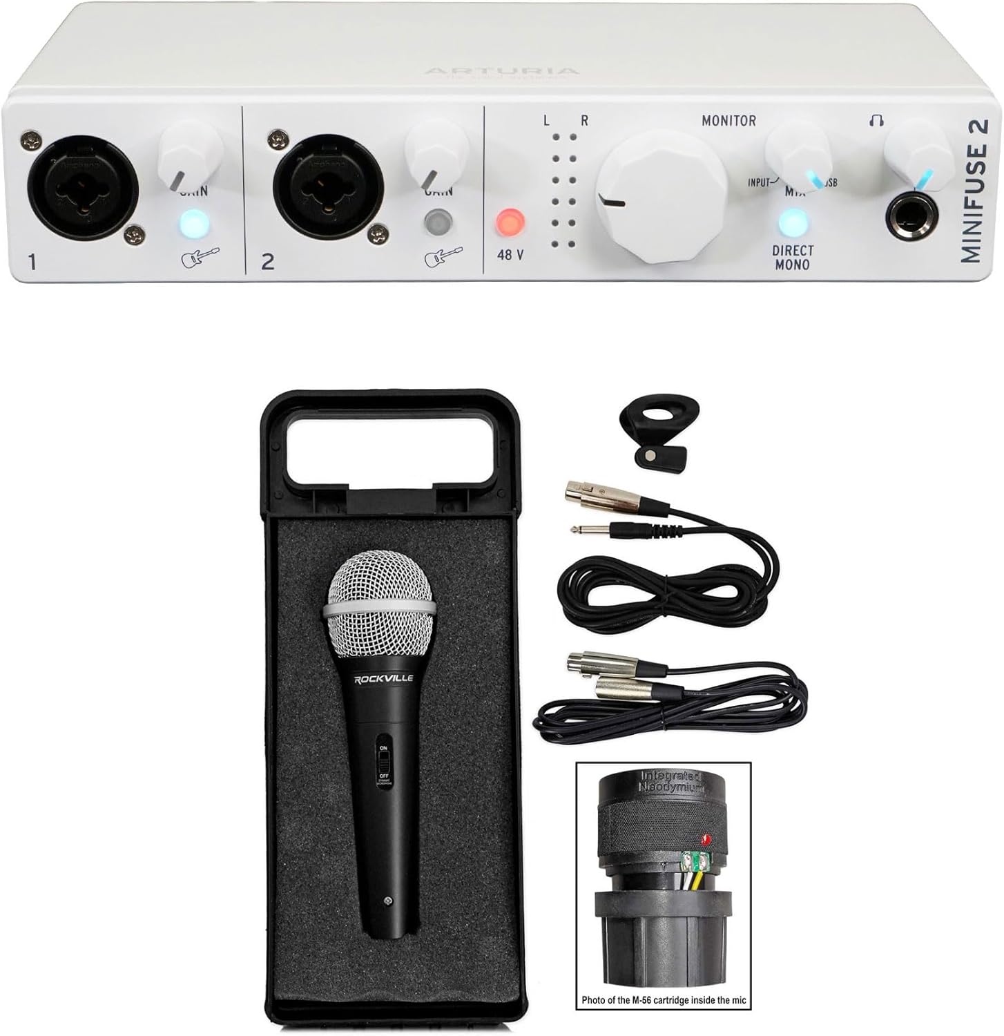 Audiosavings Bundle: (1) Arturia Minifuse 2 White 2x2 USB MIDI Audio Recording Interface+Software Bundle with (1) Rockville RMC-XLR High-End Metal DJ Handheld Wired Microphone Mic (2 Items)