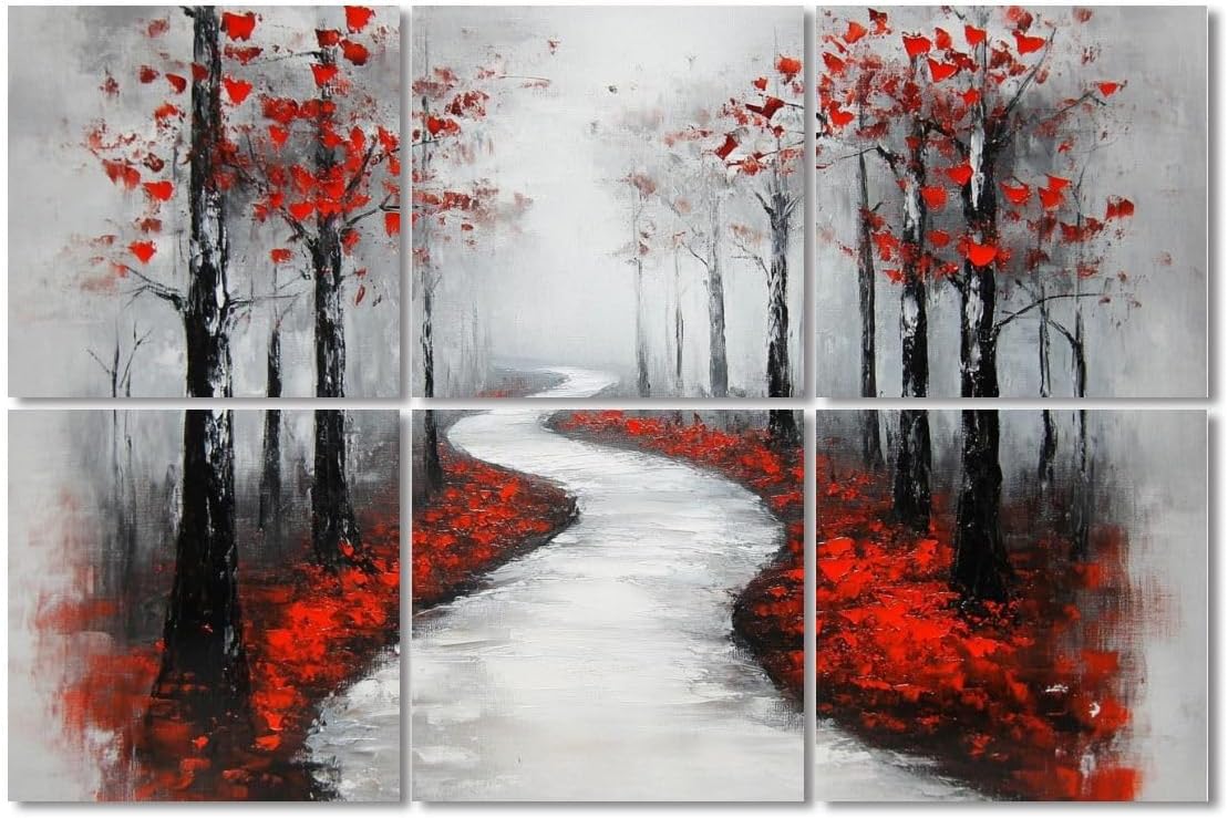 6 Pack Art Acoustic Panels Sound Absorbing Snowy Road 3D Hand Abstract Artwork Winding Bare Trees Red Leaves Decorative Soundproof Wall Panels Self Adhesive for Recording Studios Office 72