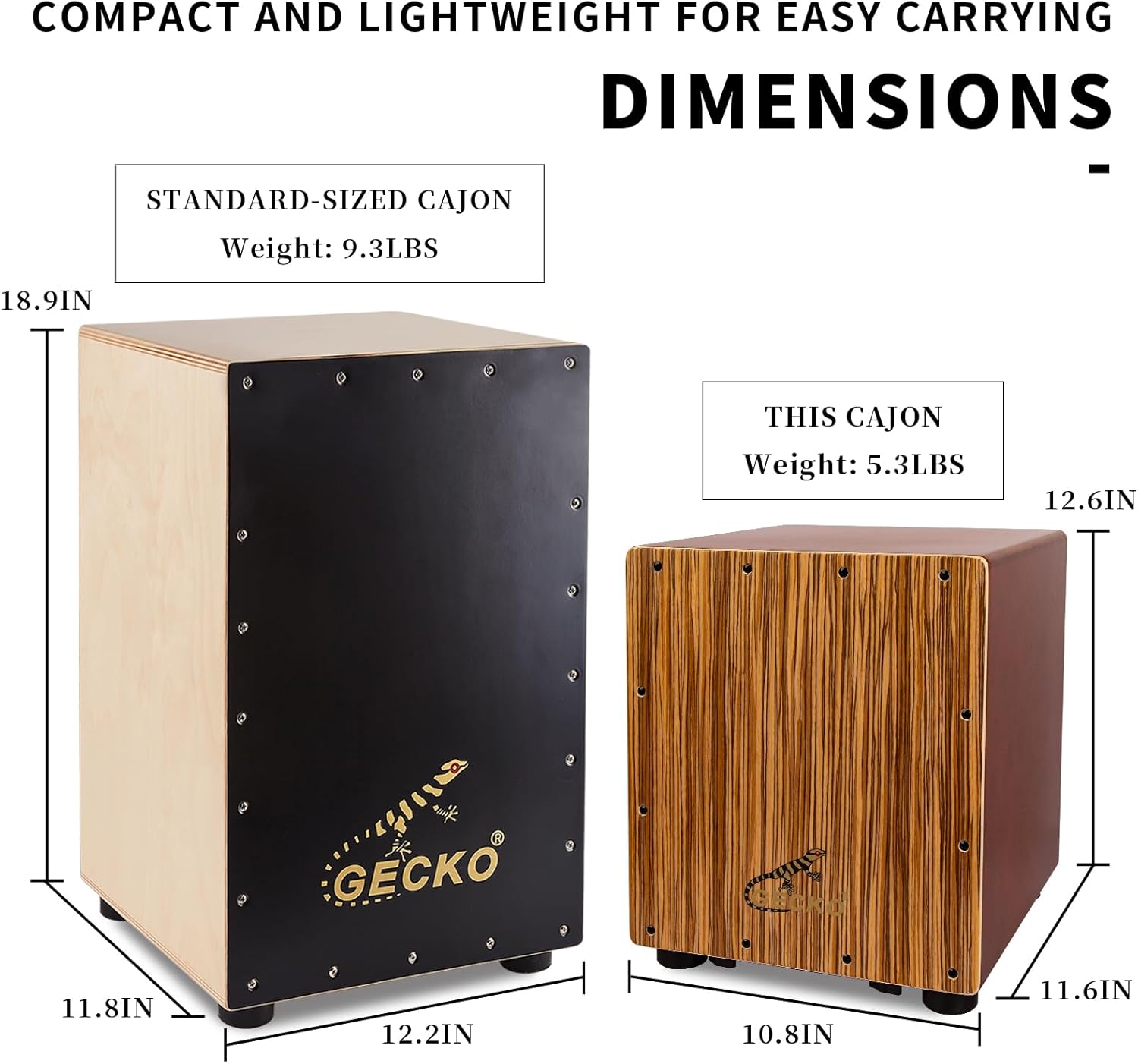 GECKO Cajon Drum Box with Tool-Free Adjustable Guitar Strings, Snare and Bass Tones | 12.6