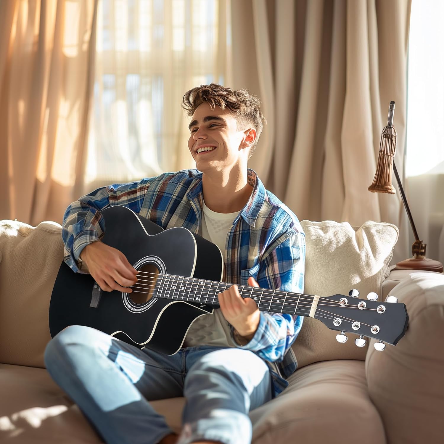 Ktaxon Full-Size Cutaway Acoustic Electric Guitar, 41 Inch Basswood Body Beginner Guitars Kit with 15W Amp, Extra Strings & Capo Includes All Accessories (Black)