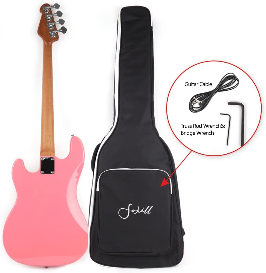 Fojill Full Size Standard Electric Bass Guitar Four 4 String Right Hand Handed Basswood Body Roasted Canadian Maple Neck Genuine Rosewood Fretboard Fingerboard with Gig Bag (Pink)
