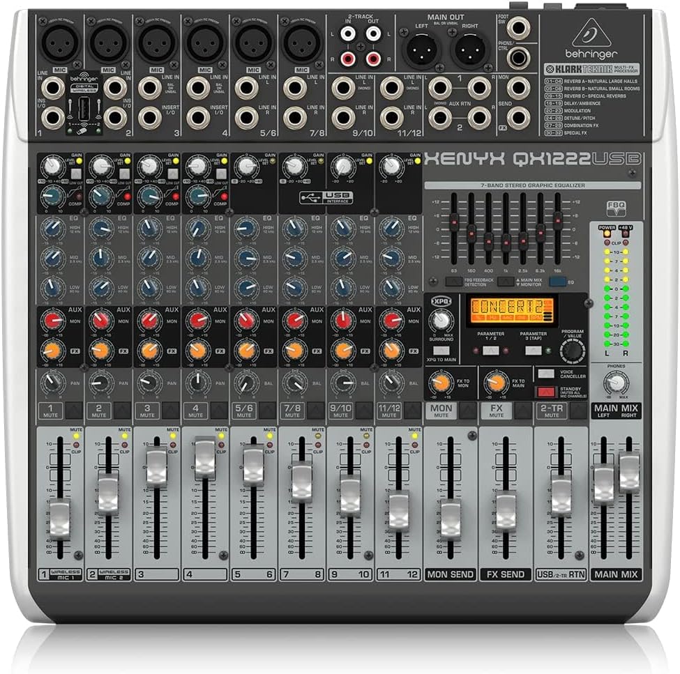 Behringer XENYX QX1222USB Premium 16-Input 2/2-Bus Mixer with XENYX Mic Preamps and Compressors, Klark Teknik Multi-FX Processor, Wireless Option and USB/Audio Interface