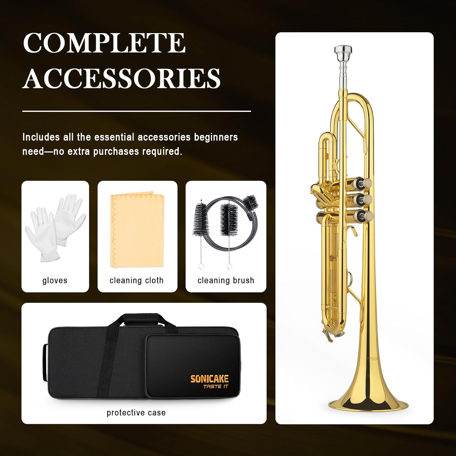 SONICAKE Bb Standard Trumpet, Student Trumpet Set for Beginner, Brass Trumpet Instrument with Hard Case, Cleaning Kit, 7C Mouthpiece and Gloves, Ideal Gift for School Band Orchestra, QTP-01, Golden