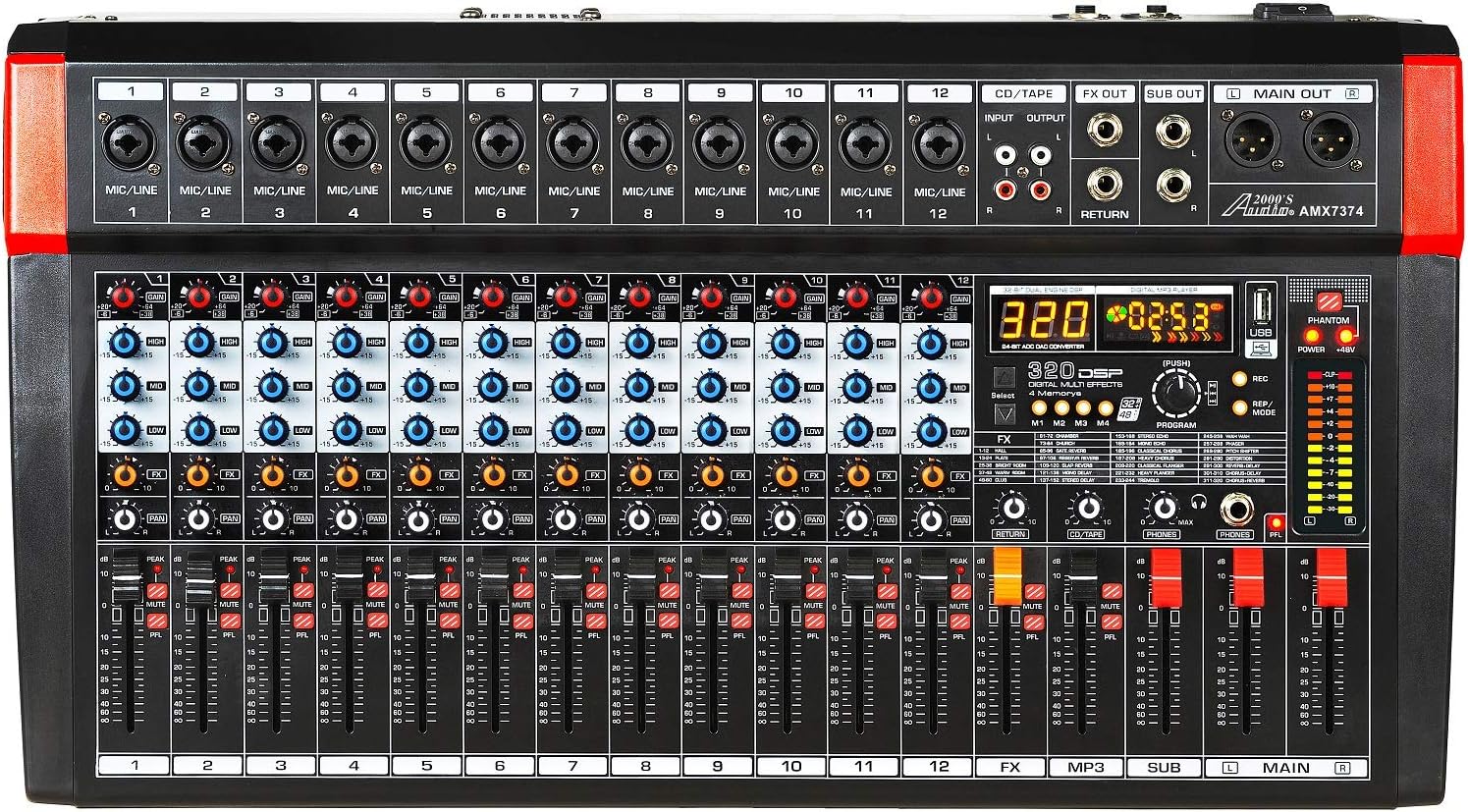 Audio2000'S AMX7374 12-Channel Audio Mixer with 320 DSP Sound Effects, Stereo Sub Out with Sub-Out Level-Control Fader, Level-Control Faders on All Channels, and USB/Computer Interface