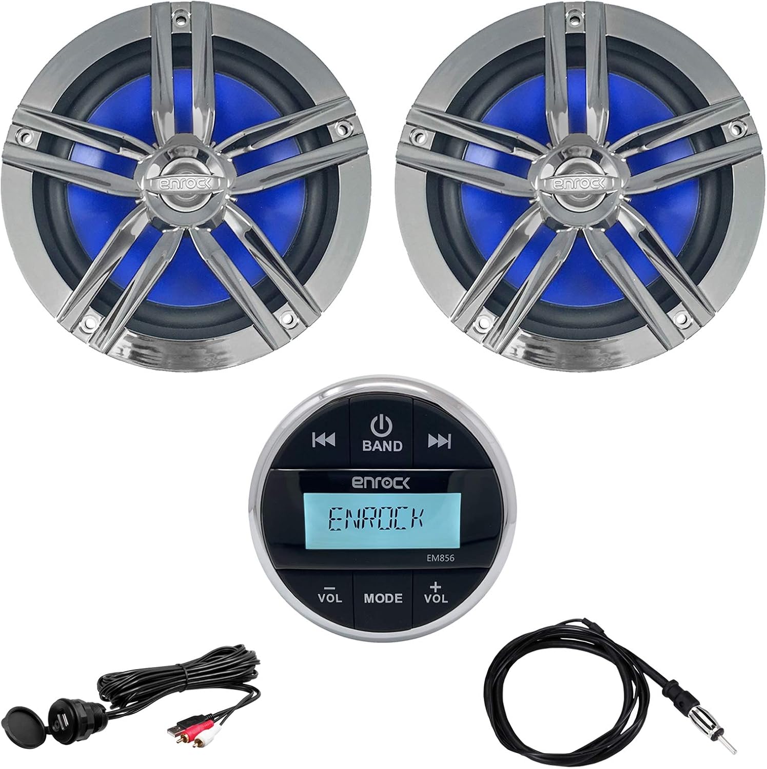 Enrock Gauge Style Media Center Marine Grade Bluetooth Receiver, 2 x Enrock 2-Way High-Performance 6.5