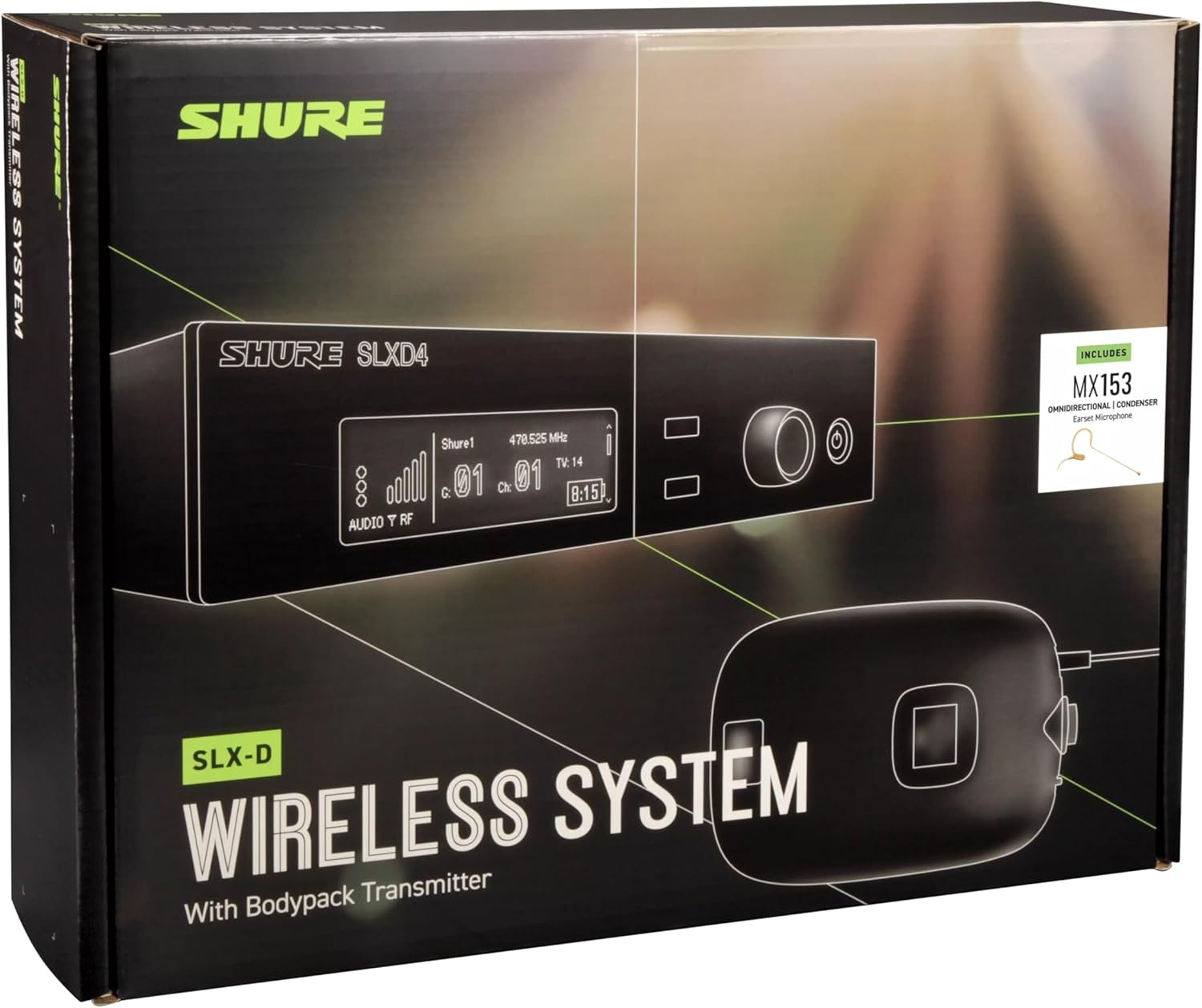 Shure SLXD14/153T Digital Wireless Microphone System - Includes SLXD1 Bodypack Transmitter with MX153T Earset Headworn Mic & SLXD4 Single Channel Rack Mount Receiver | G58 Band (SLXD14/153T-G58)