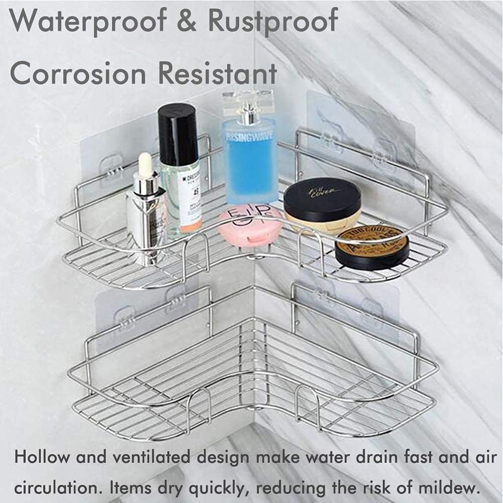 Exquisite Bathroom Shelves Adhesive Shower Organizer, Corner Shelf Wall Mount Bathroom with Hooks, Drill-Free Shower Caddy Basket, Stainless Steel Shampoo Holder Rack, Rustproof&Waterproof