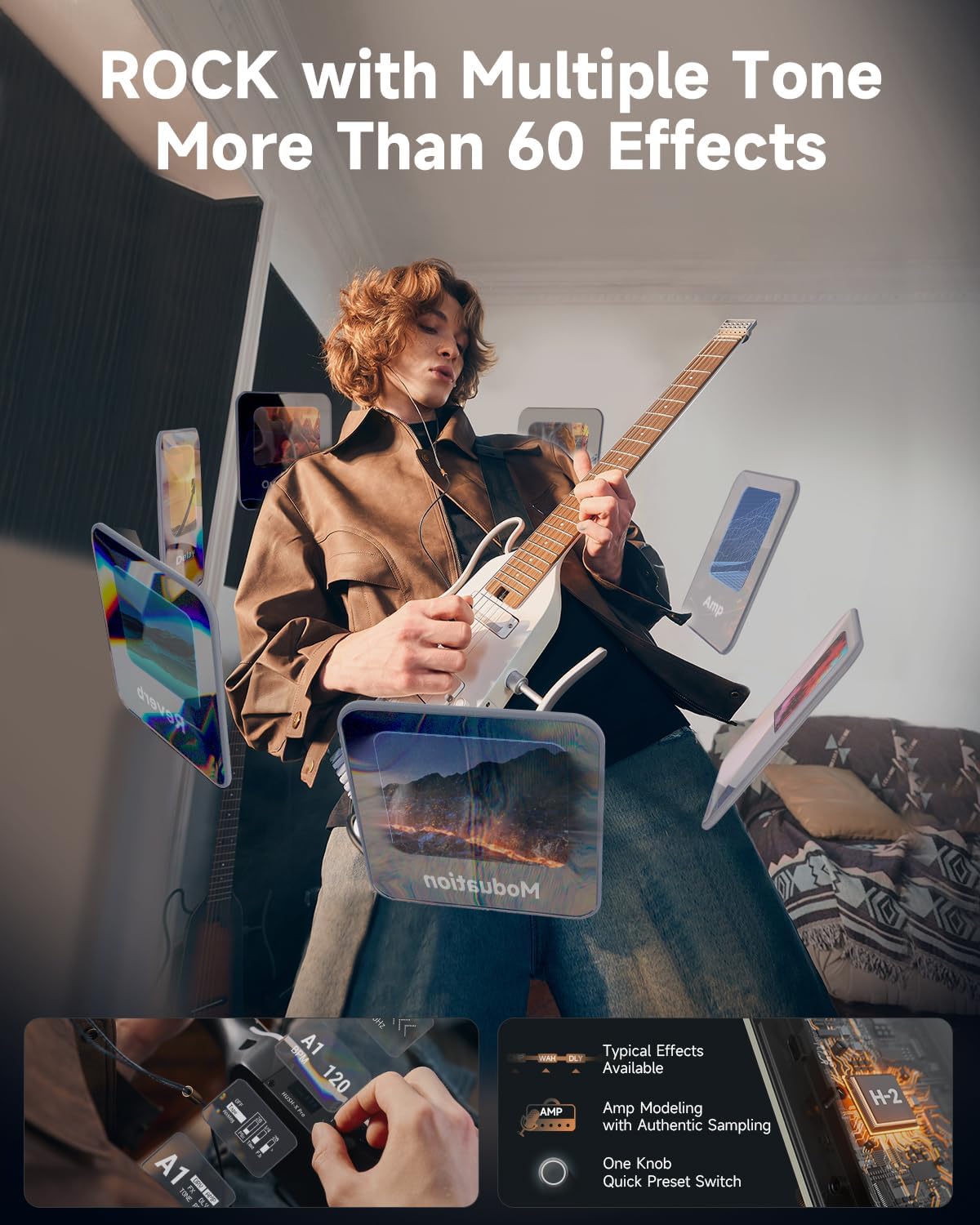 Donner HUSH X PRO Electric Guitar Kit - Smart Travel Guitar with Dozens of Preset Combinations, 7 Tone Sim Options, Metallic White and DA-10 Guitar Amp