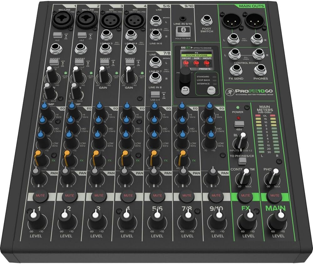 Mackie ProFX10 GO Battery-Powered 10-Channel Analog Audio Mixer Bundle with Gator Cases G-MIXERBAG-1515 Padded Nylon Mixer/Equipment Bag and 10' 3.5mm TRS to Dual 1/4