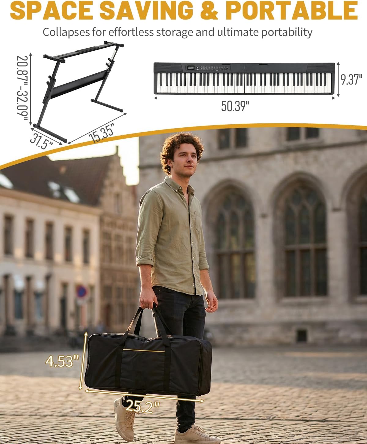 Ktaxon 88 Key Portable Electric Piano with 500 Tones, 200 Rhythms, 300 Demos, Magnetic Connection Piano keyboard with Stand, Sustain Pedal, Headphones, Portable Bag & Key Sticker (Full)
