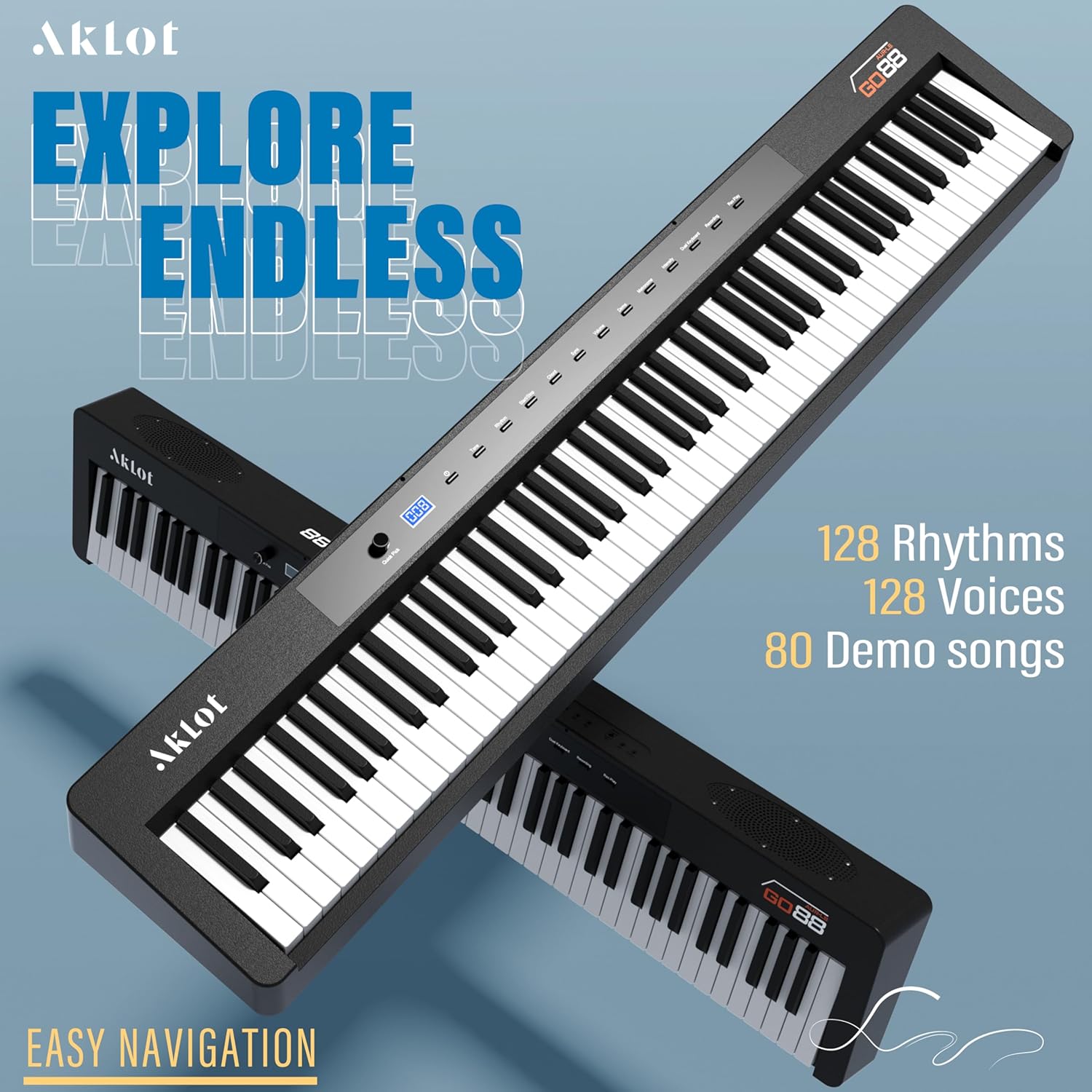 AKLOT Piano 88-Keys Weighted Hammer-Action, Electric Keyboard Digital Piano, Electric Triple Pedal, Dual Keyboards,Beginner Pianos Book,128 Tone,Headphone, USB-MIDI,Music Stand,Piano Keyboard Stickers