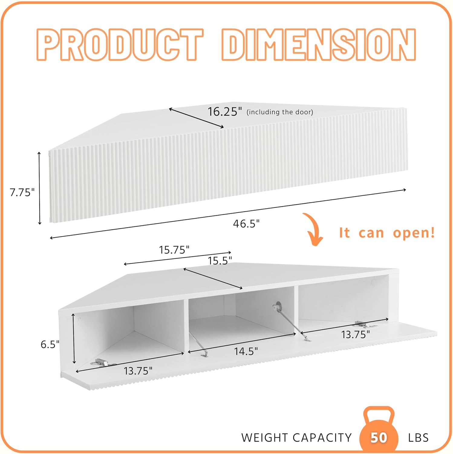 24/7 Shop at Home French 47 inch Modern Floating TV Console Table with 3D Wavy Panel Door, Wood Entertainment Center with Storage Space, Wall Corner Shelf for Living Room, Bedroom, Office, White Pure