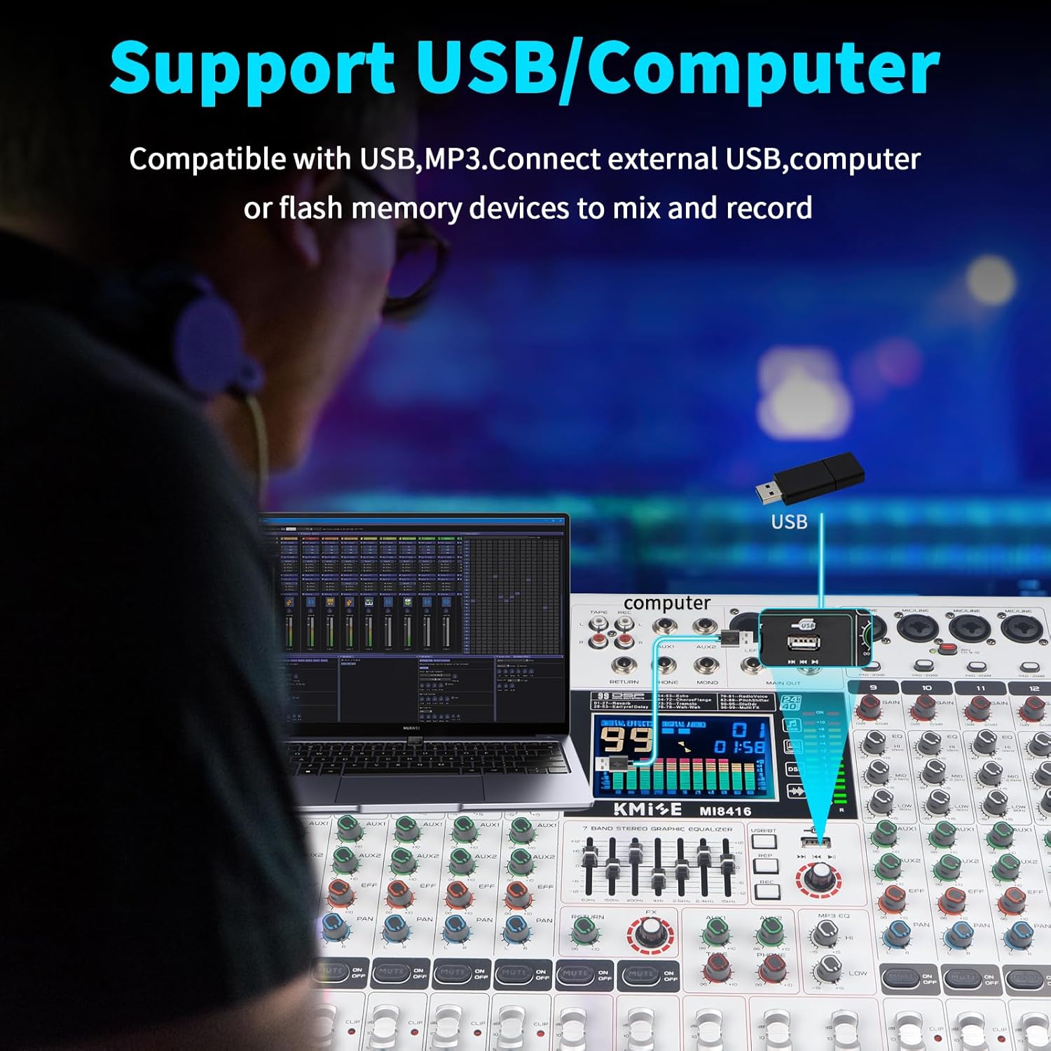 Audio Mixer 12 Channel Digital Audio Pro-Series Sound Board Console System Interface with DJ Mixer Board Capabilities, 7 Band EQ, LED Display 48V and Sound BT Mixer USB/SD/FM/WMA Output