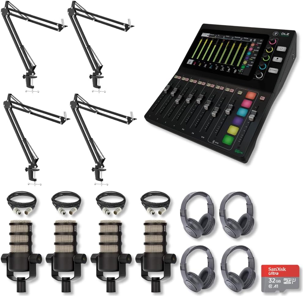 Mackie DLZ Creator Adaptive Digital Mixer for Podcasting, Content Creation and Streaming with 4x Rode Podmic, StreamEye BOOMARM1, Monitoring Headphones and Essential Accessories