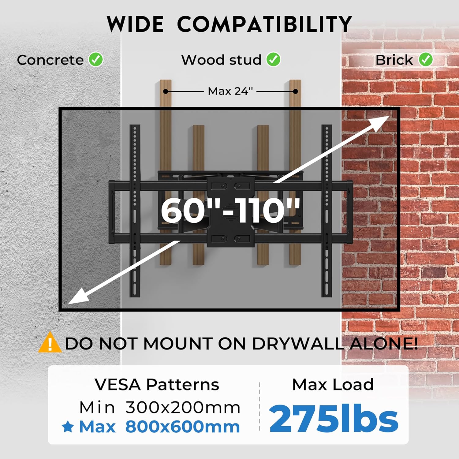 Heavy Duty TV Wall Mount with Extra Long Extendable Arm for 60–110 Inch TVs, Holds Up to 275lbs, Full Motion Bracket with Corner Swivel and Tilt, Max VESA 800x600mm, Fits 24