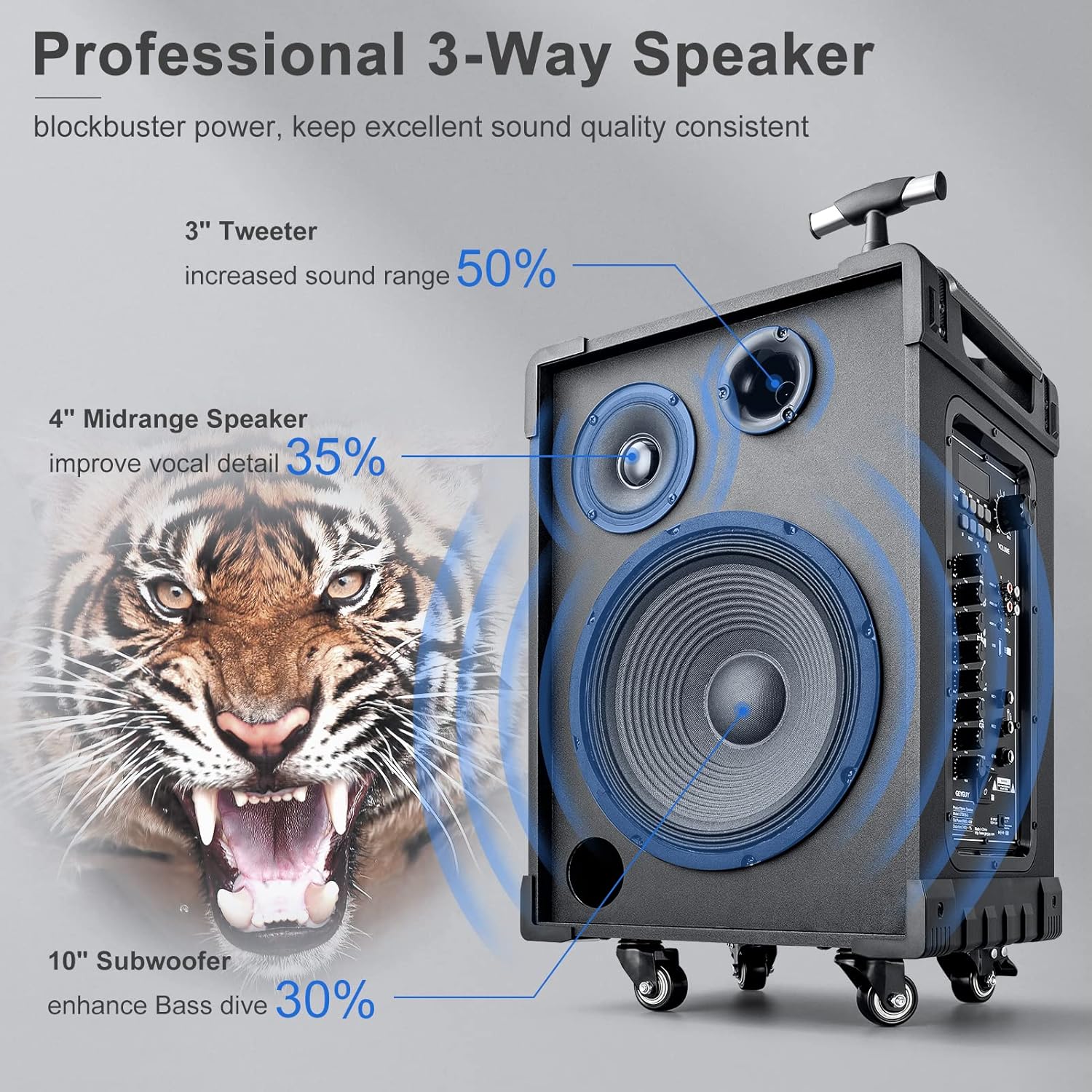 GTSK10-3 Portable Bluetooth PA Speaker System - Wireless Karaoke Loudspeaker with 10” Subwoofer, USB/SD/MP3/FM - Includes Dual UHF Mics, Remote, Rolling Wheels - Ideal for Parties, Events, Outdoors