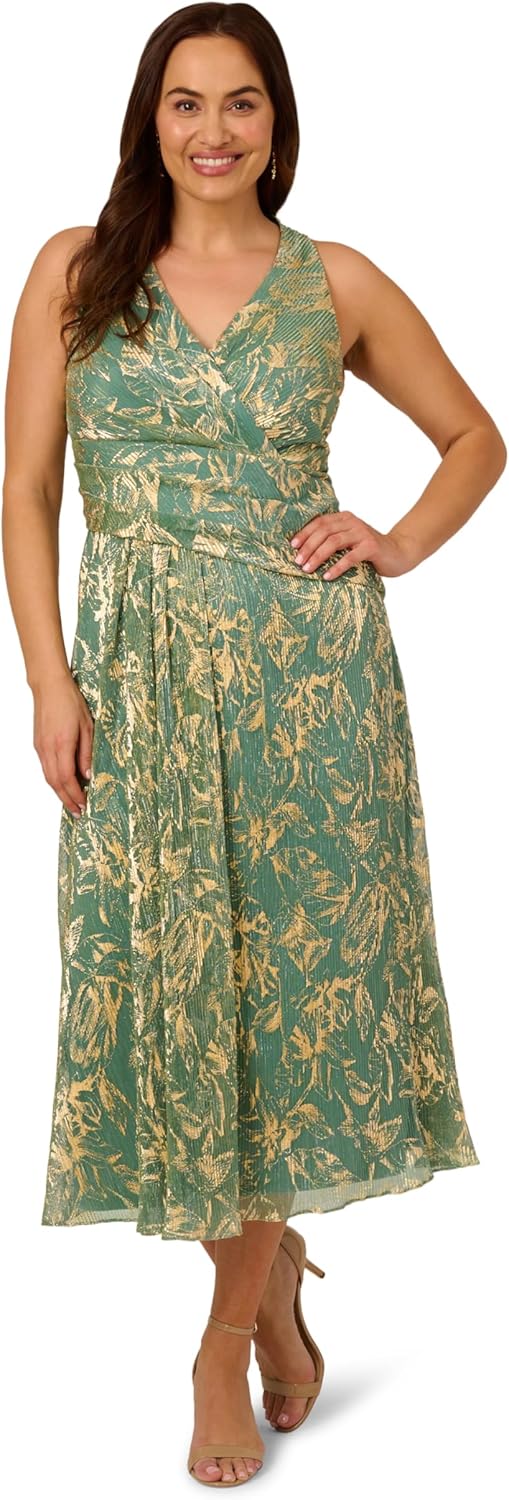 Adrianna Papell Womens V Neck Soft Skirt Midi Dress