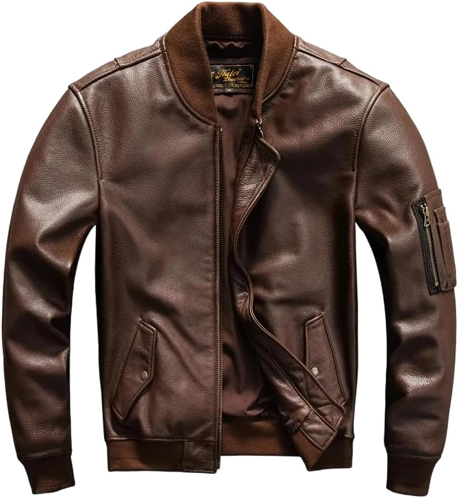 Men Military Style Plus Size Genuine Natural Cowhide O-Neck Collar Flight Brown Winter Leather Jacket Coat
