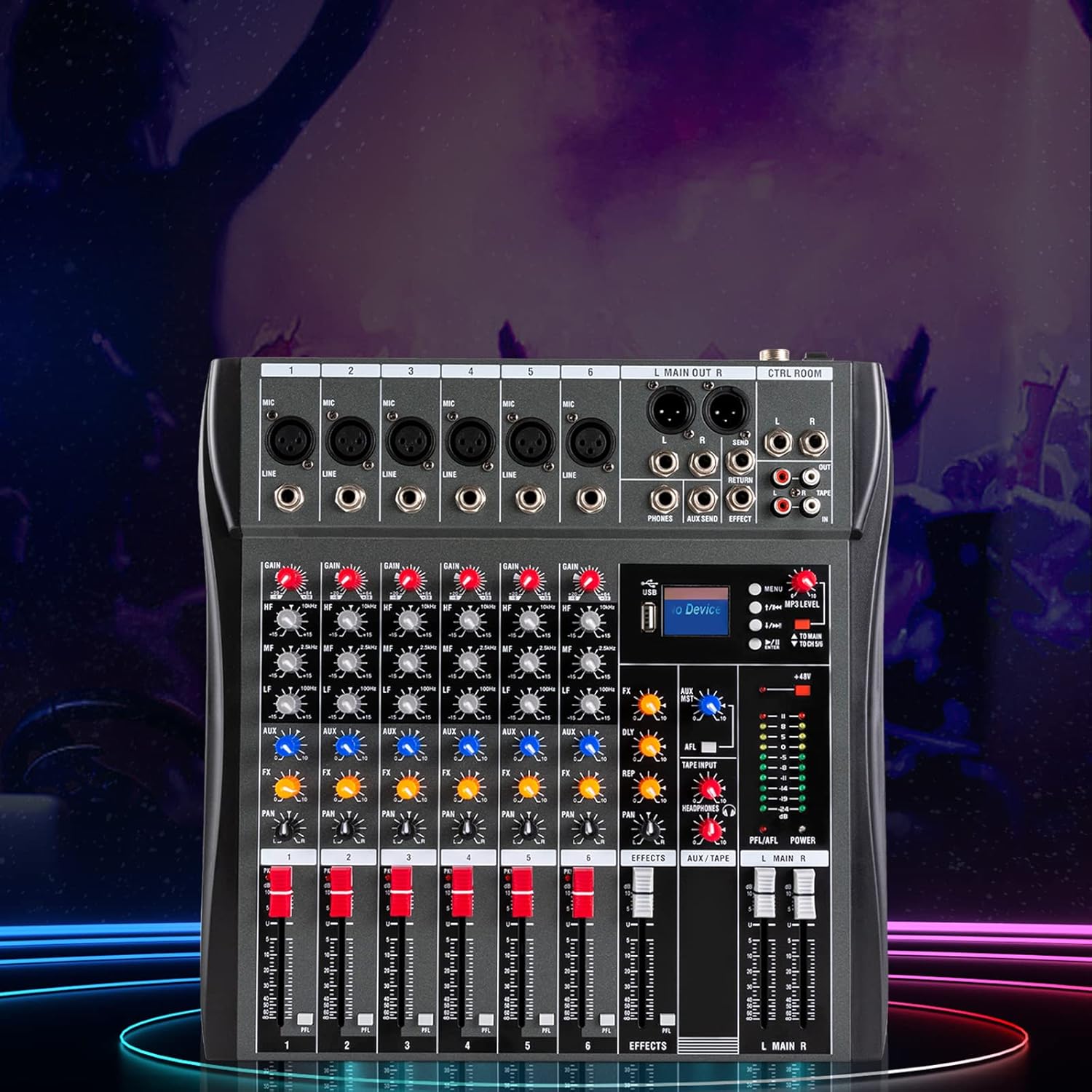 TFCFL 6 Channel Mixing Console Audio Mixer Bluetooth USB Audio Interface 48V Phantom Power Mixer Use for Stereo DJ Studio PC Recording Singing Webcast Party (6 Channel Mixer)