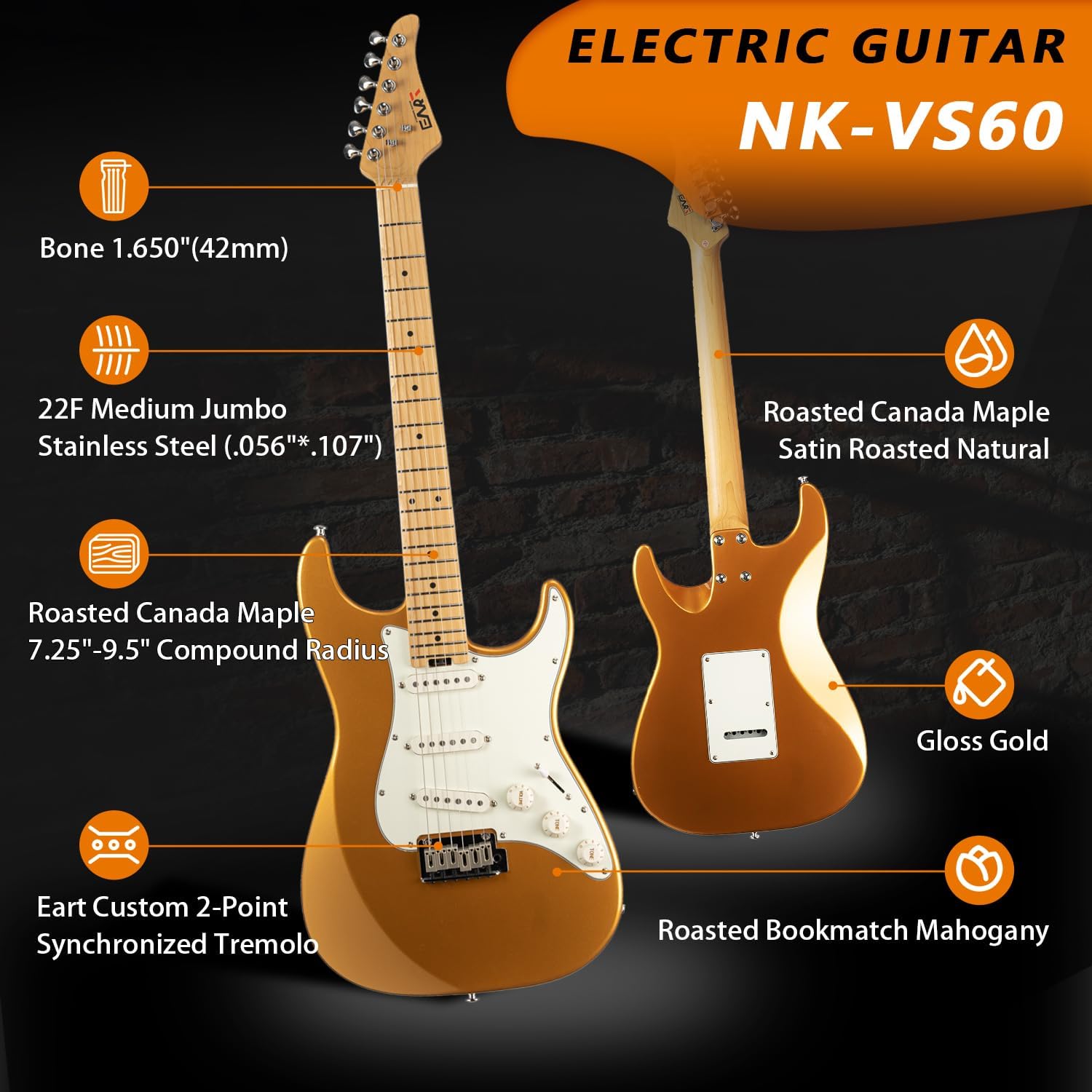 EART NK-VS60 6 String Solid Body Electric Guitar,Roasted Mahogany Body, Full-Size Electric Guitar Alnico-V Pickups, Tremolo System Electric Guitars