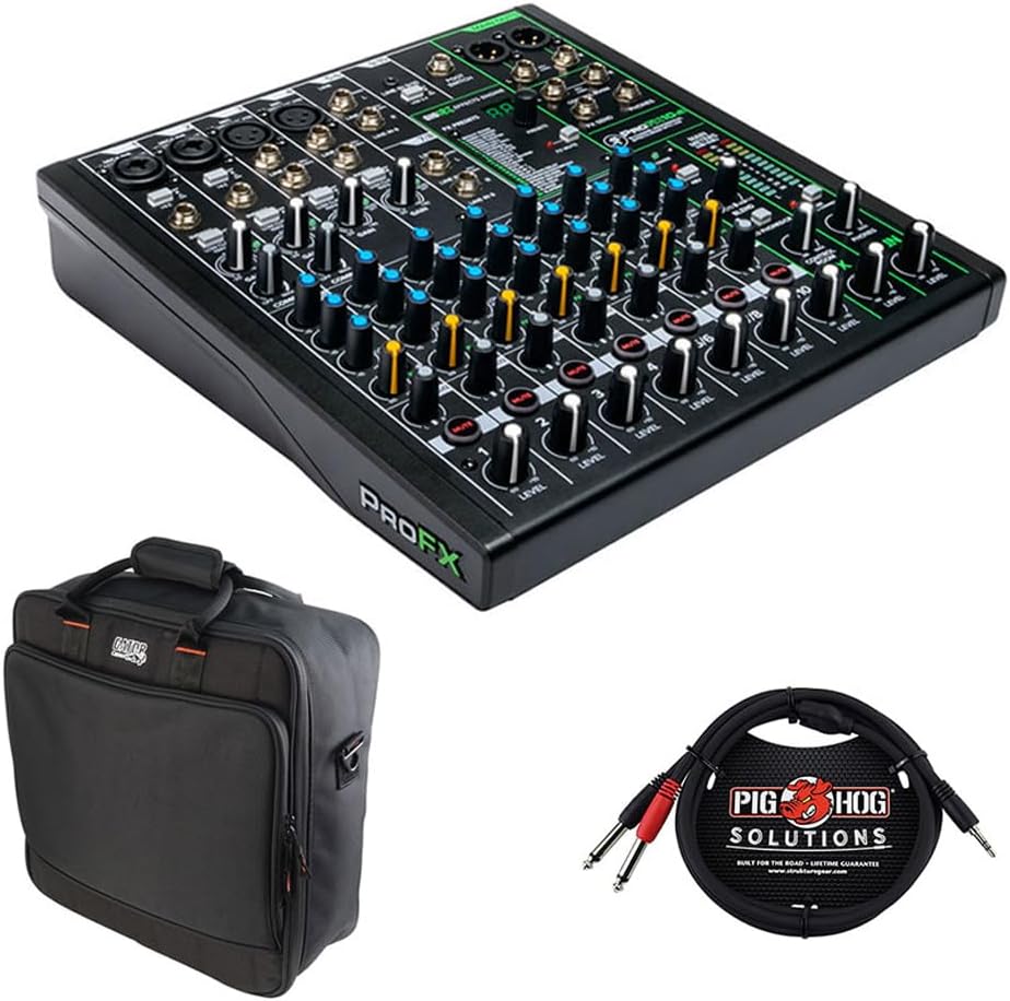 Mackie ProFX10v3 10-Channel Sound Reinforcement Mixer with Built-In FX, Gator Cases G-MIXERBAG-1515 Mixer Bag & Stereo Cable 10' Bundle