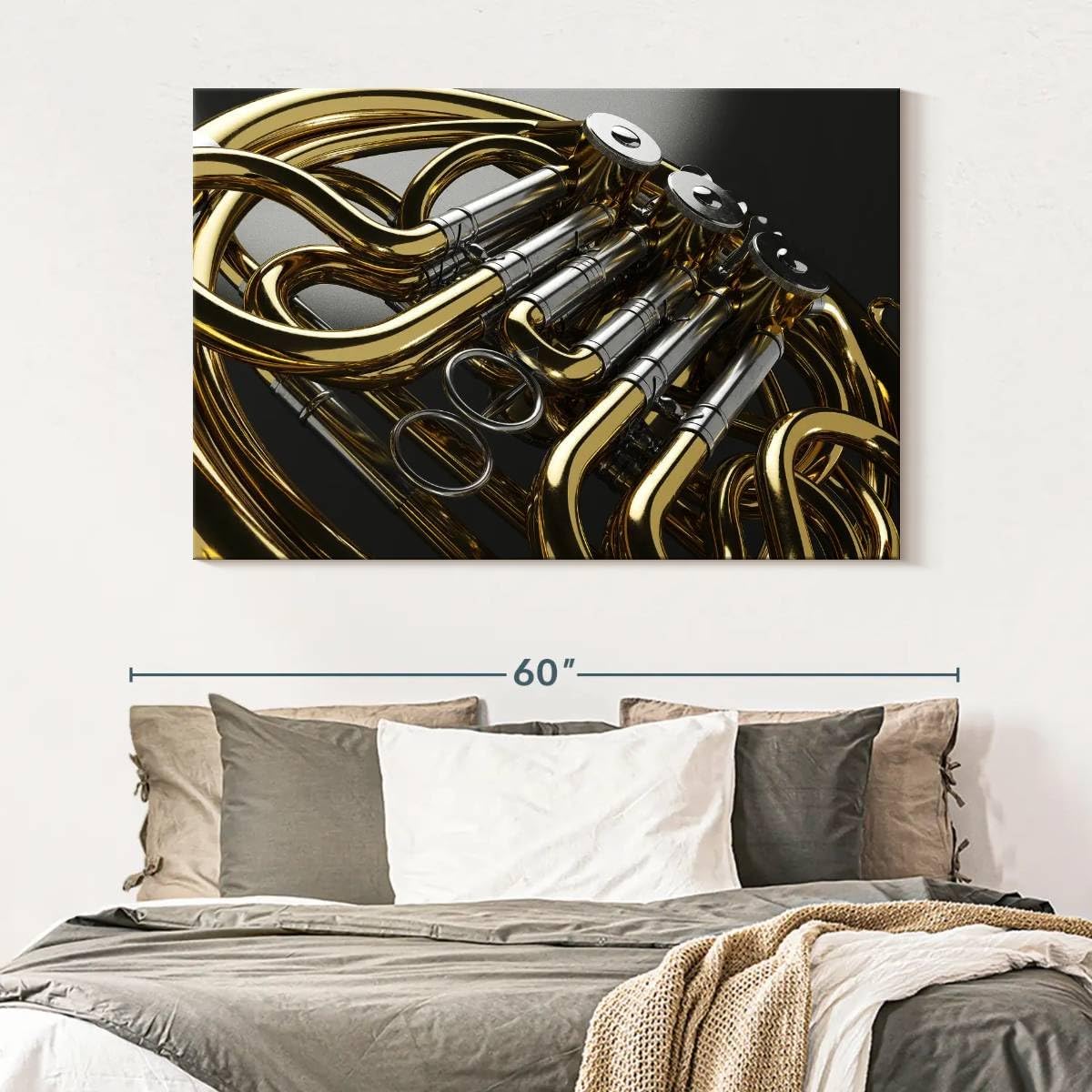 ElephantStock - Shiny French Horn Wall Art - Horizontal Canvas Wall Art - Living Room Wall Decor - Photography Music Canvas Art - Gray And Beige Decor - 51