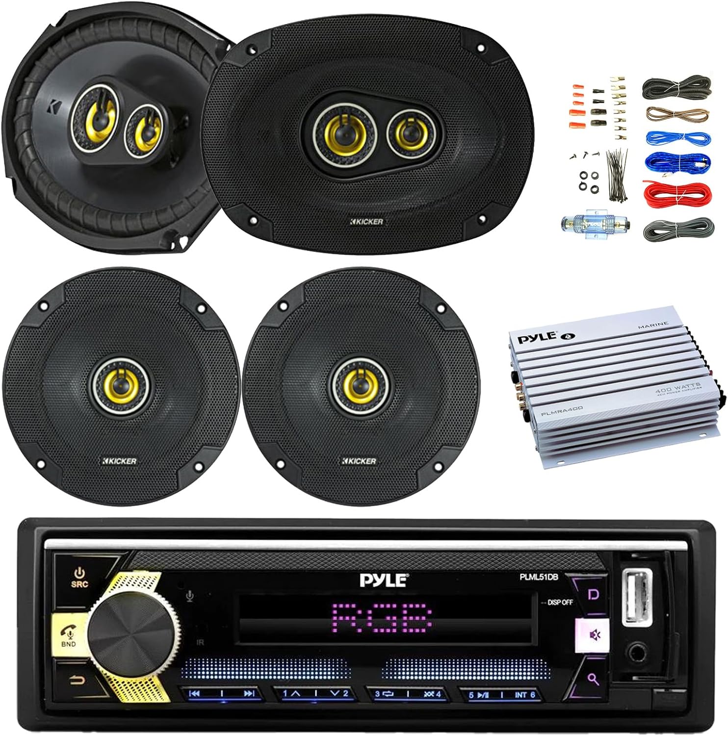 Pyle Bluetooth AM/FM/MP3/USB/AUX Stereo Receiver Bundle Combo with 2X Kicker 300-Watt 6.5