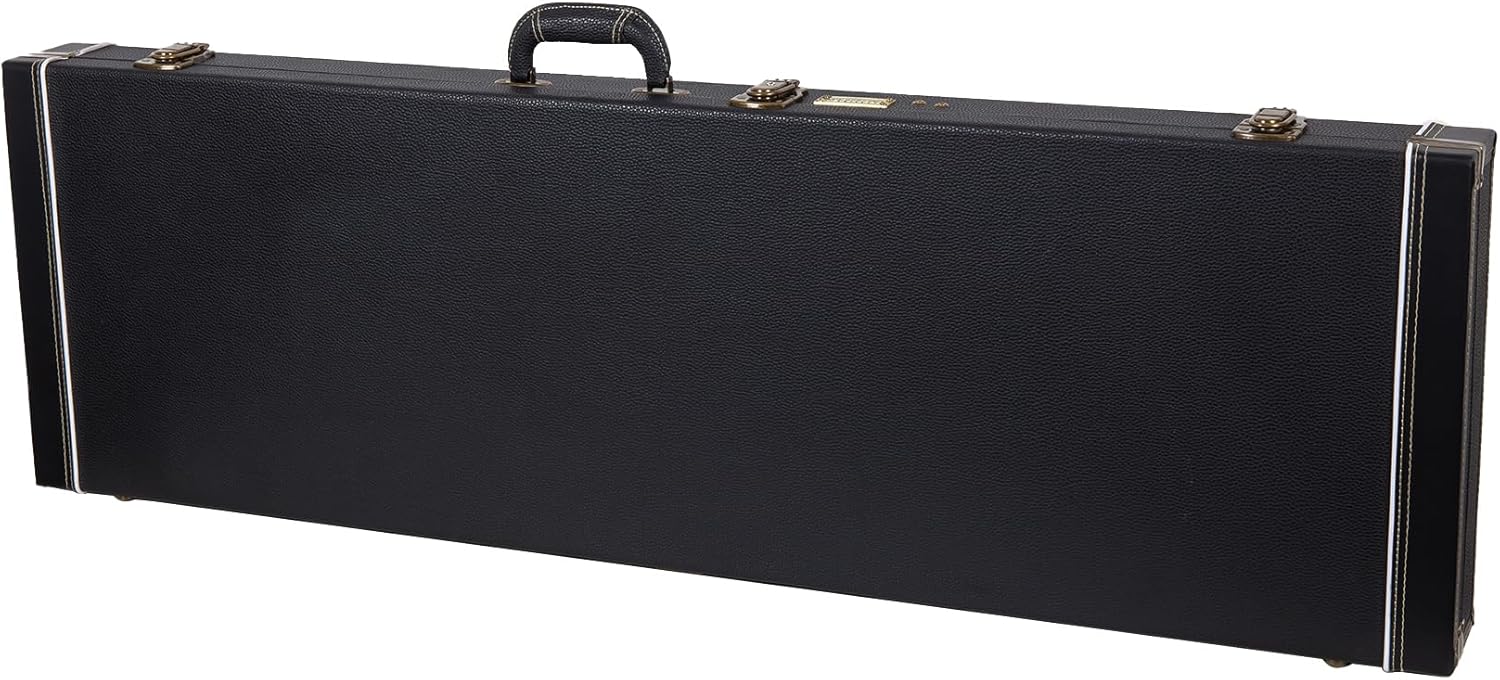 Crossrock Wooden Guitar Case -Fits Electric Bass Guitars- Vintage Hardware, Sponge Lining, Metal Feet, Storage Space-Black (CRW520BBK)