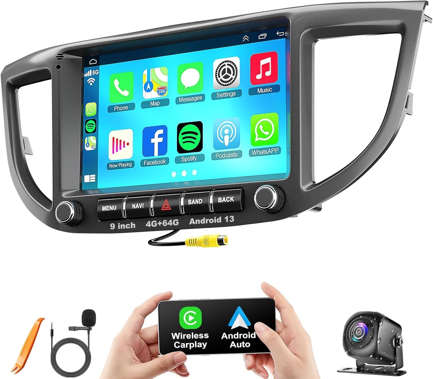 4G+64G Car Radio for Honda CRV 2012 2013 2014 2015 2016, 9 Inch IPS Touch Screen CRV Stereo with Carplay&Android Auto,Blutooth& GPS Navigation, Back-up Camera&FM Radio