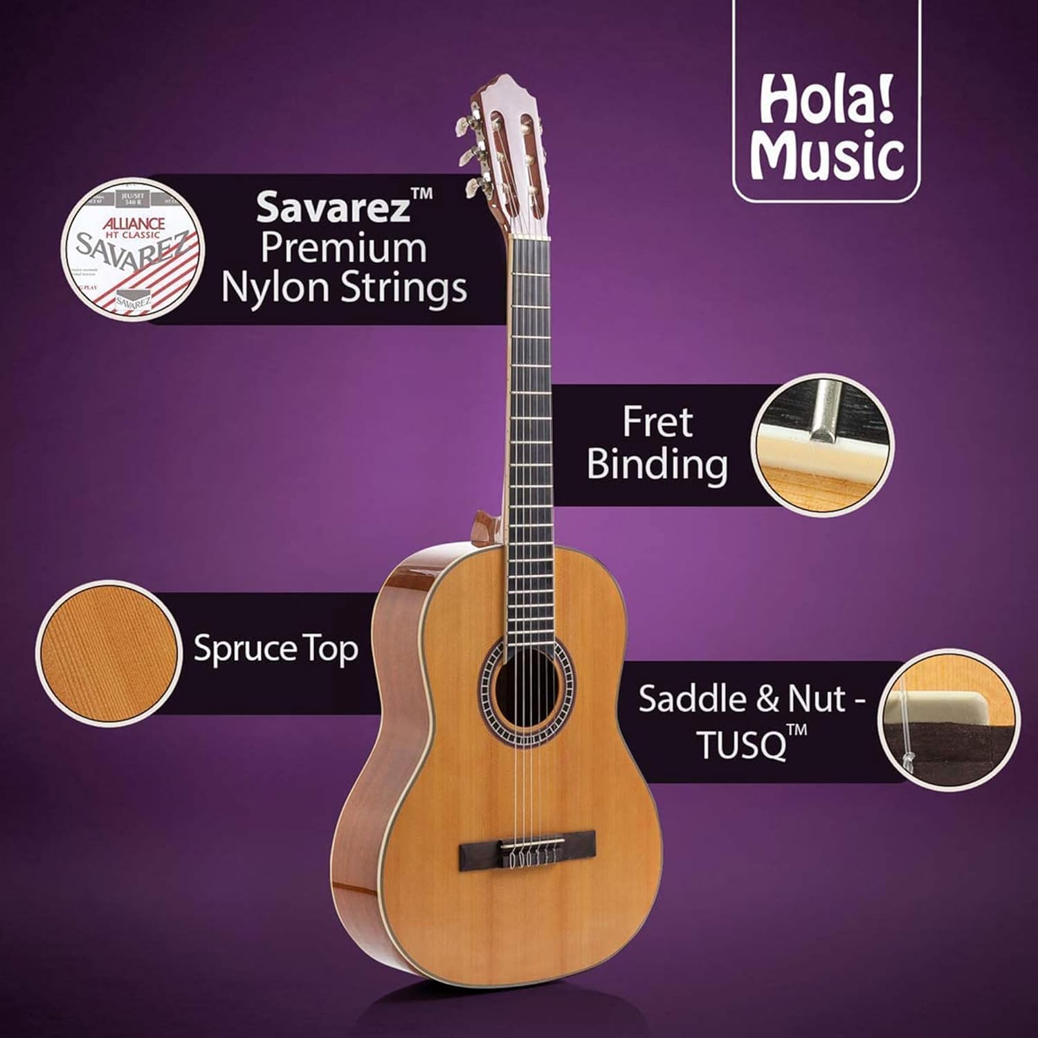Classical Guitar 4/4, Full Size 39 Inch Wooden Guitar with Soft Nylon Strings by Hola! Music, Natural Gloss Finish - FREE Padded Gig Bag Included