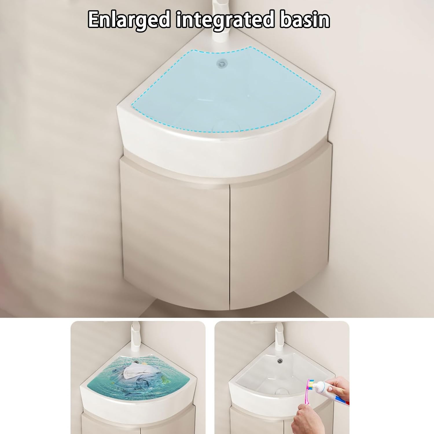 Corner Wall Mount Bathroom Sink, Corner Bathroom Vanity Sink Combo, Bathroom Corner Cabinet with Storage Container and Mirror Cabinet, Ceramic Wash Basin for Small Spaces(48cm/18.9in)