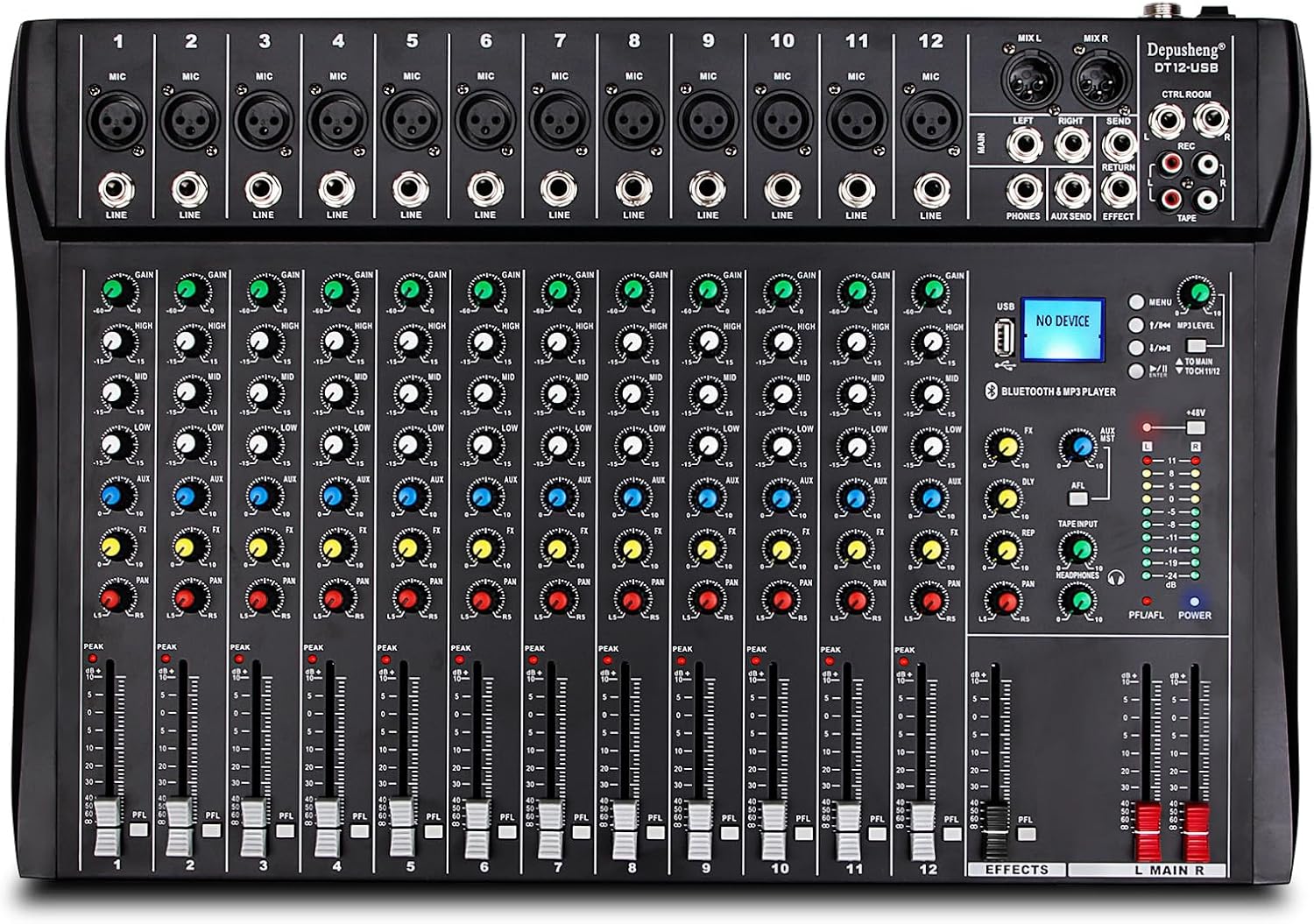 Depusheng DT12 Studio Audio Mixer 12-Channel DJ Sound Controller Interface w/USB Drive for Computer Recording Input, XLR Microphone Jack, 48V Power, RCA Input/Output for Professional and Beginners