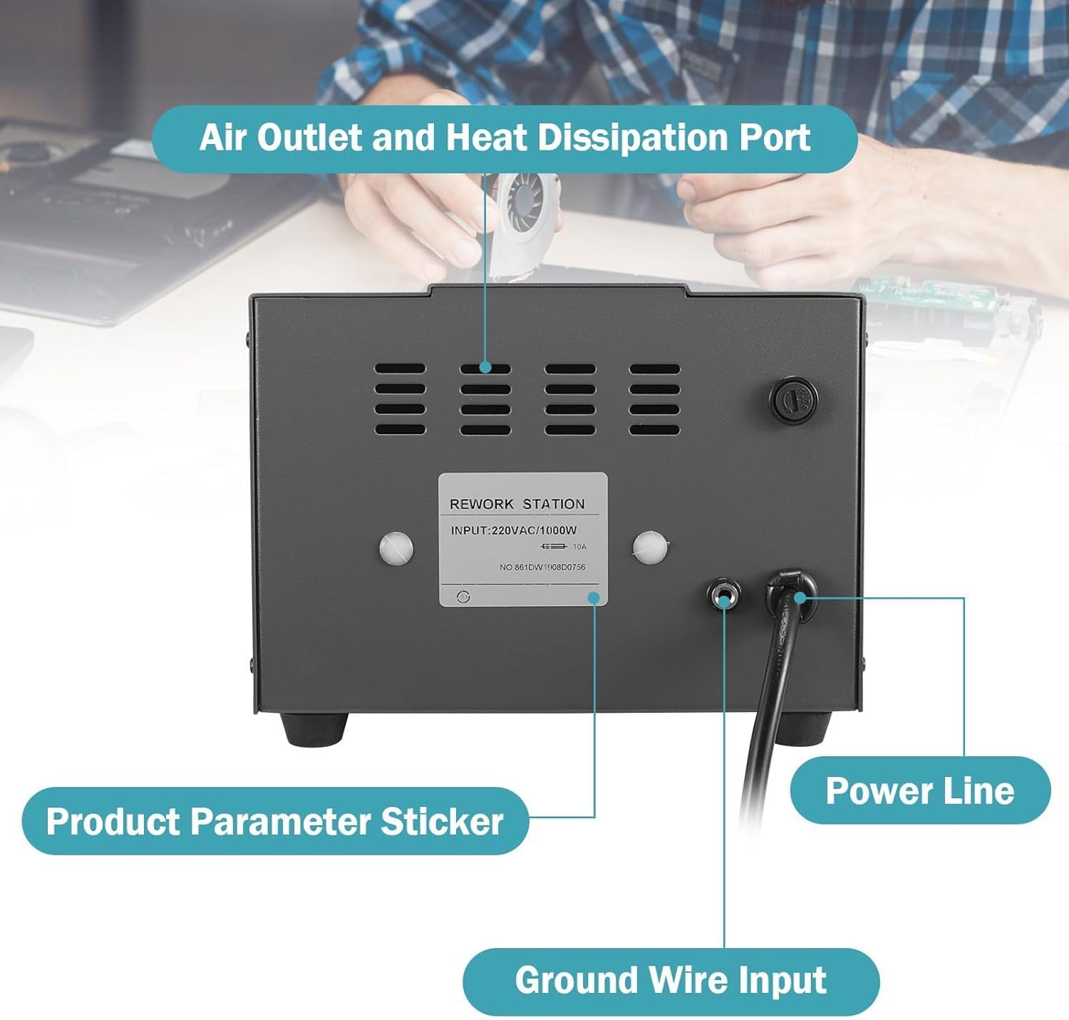 250cm/s hot air welding station, 1000W industrial-grade rework station, with LCD display, brushless DC eddy current fan,for electronic product repair and desoldering