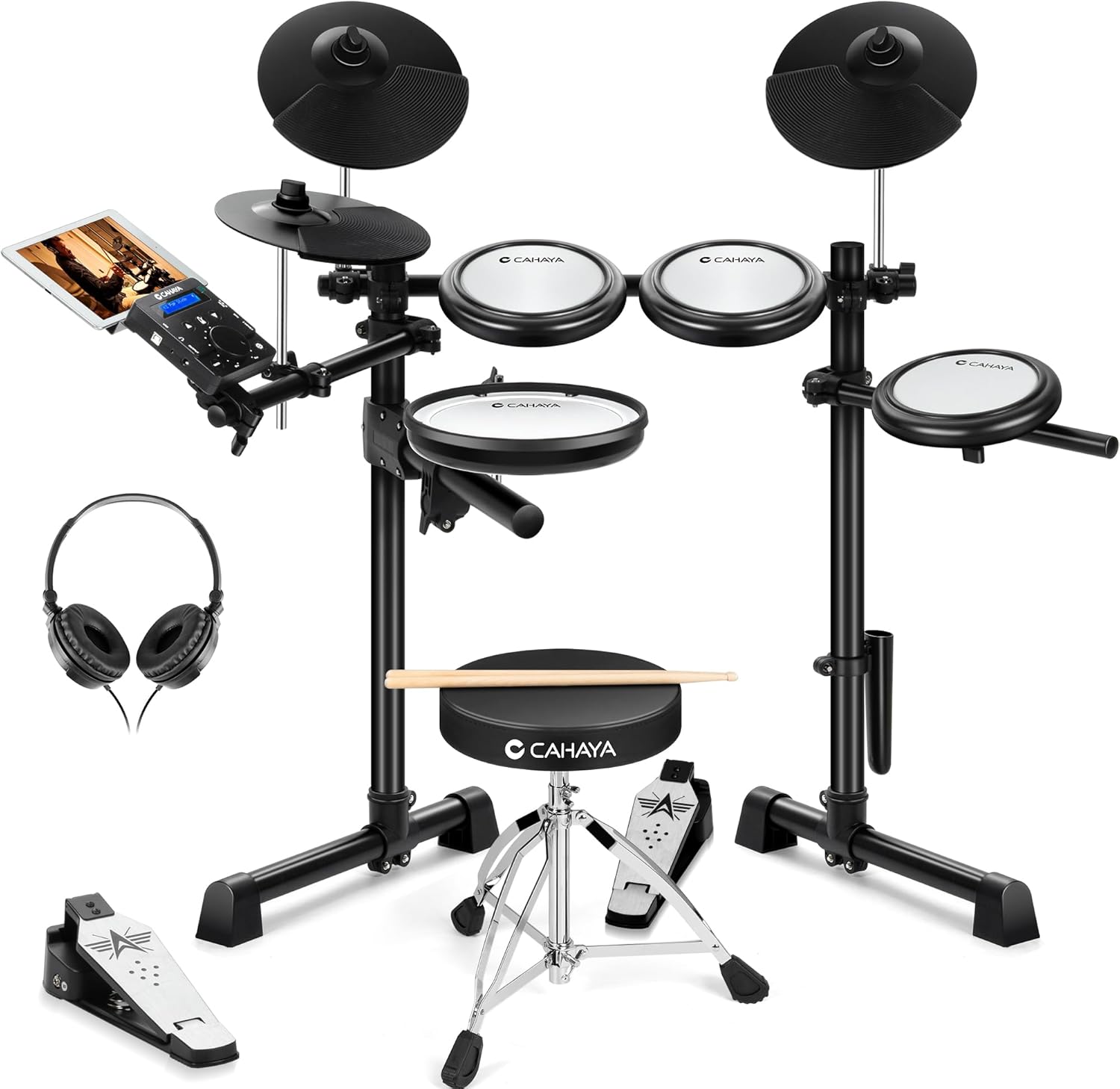 CAHAYA Electric Drum Set – Beginner Electronic Drum Kit for Kids & Adults, Portable Quiet Mesh Pads, 350 Sounds, 25 Kits, Headphones & Drum Throne, Ideal Xmas Gift